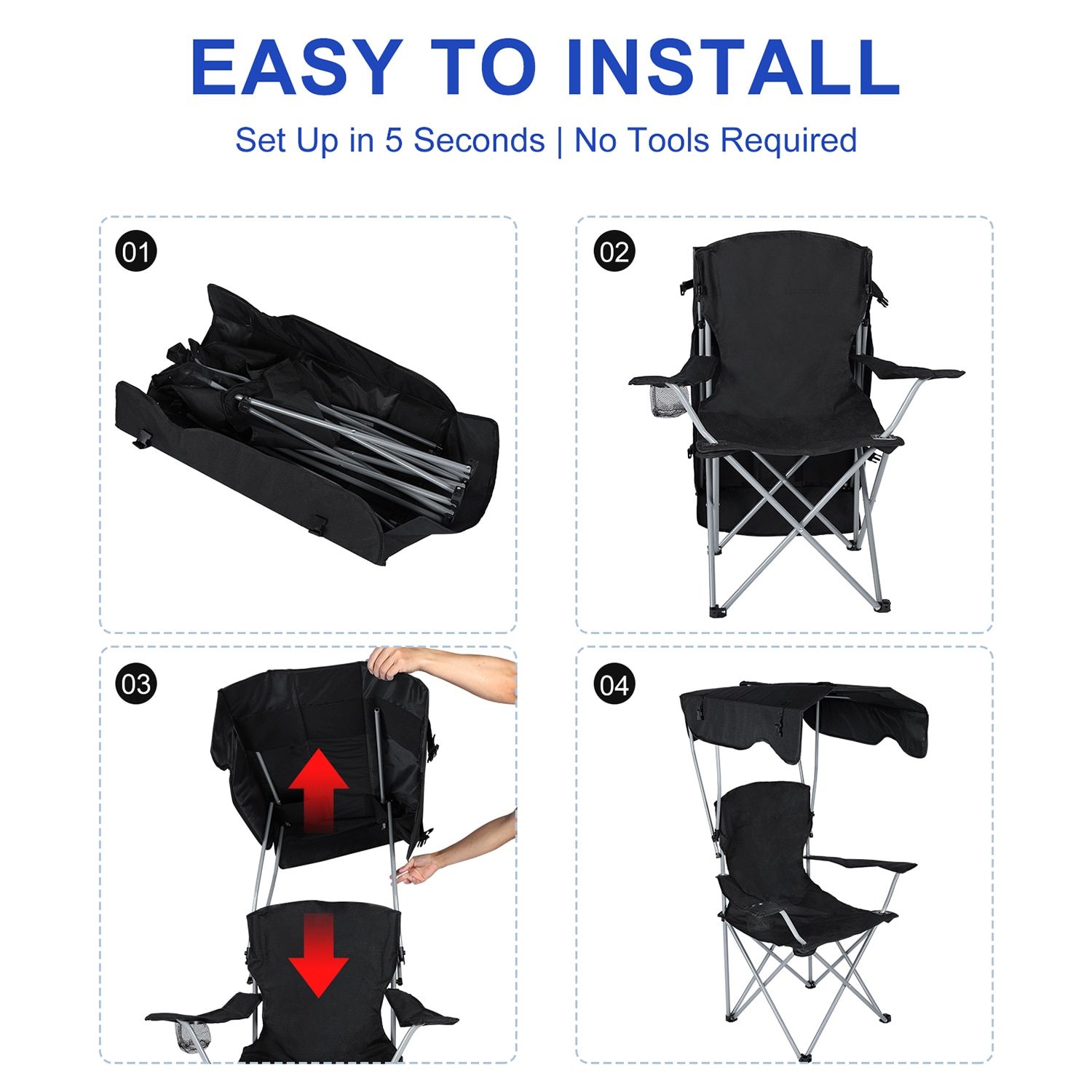 GZMR Black Folding Camping Chair (Carrying Strap/Handle Included) | GZ-DHF6818-BK