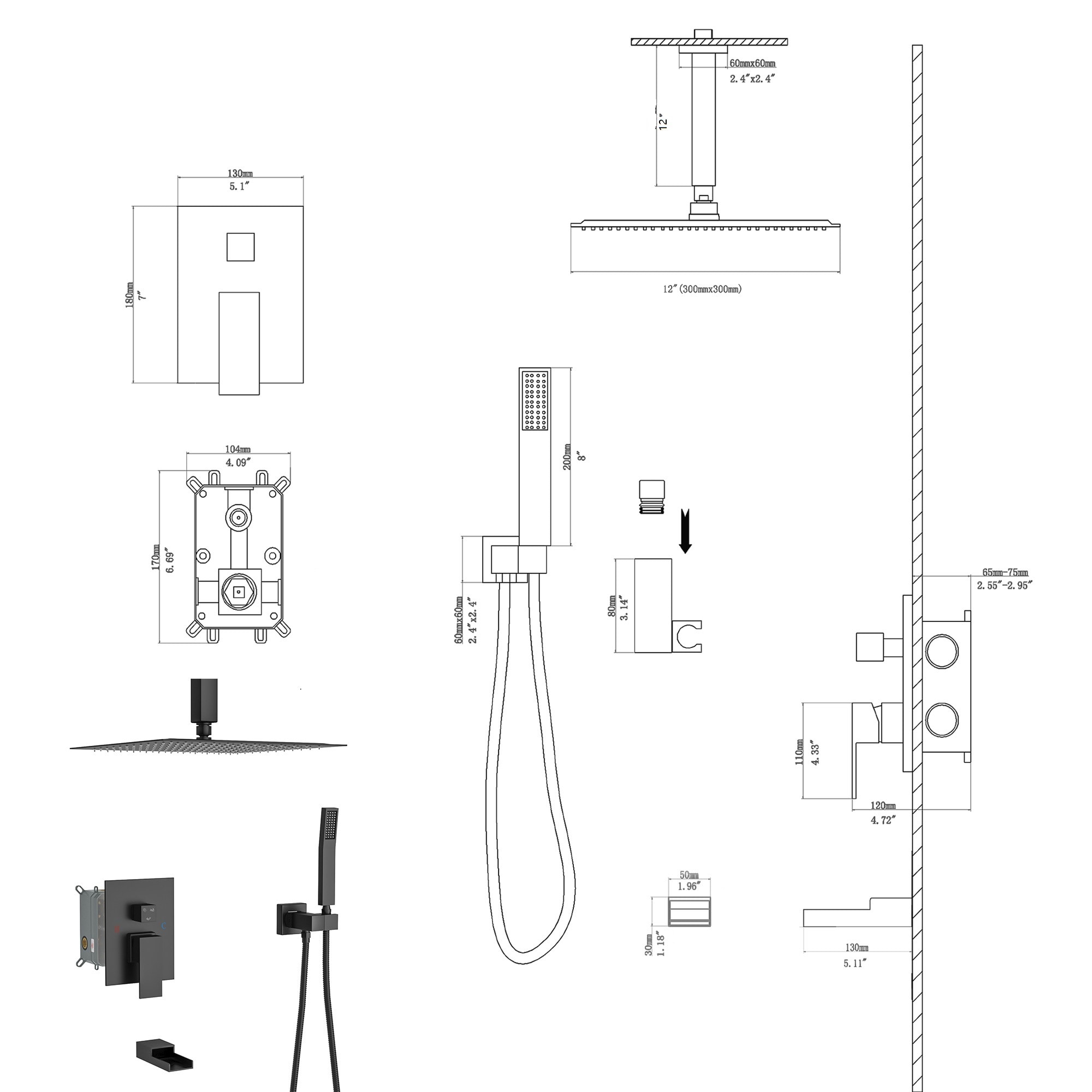 Mondawe MOEB113-10MB Showerhead-Bar-Panels - View #9