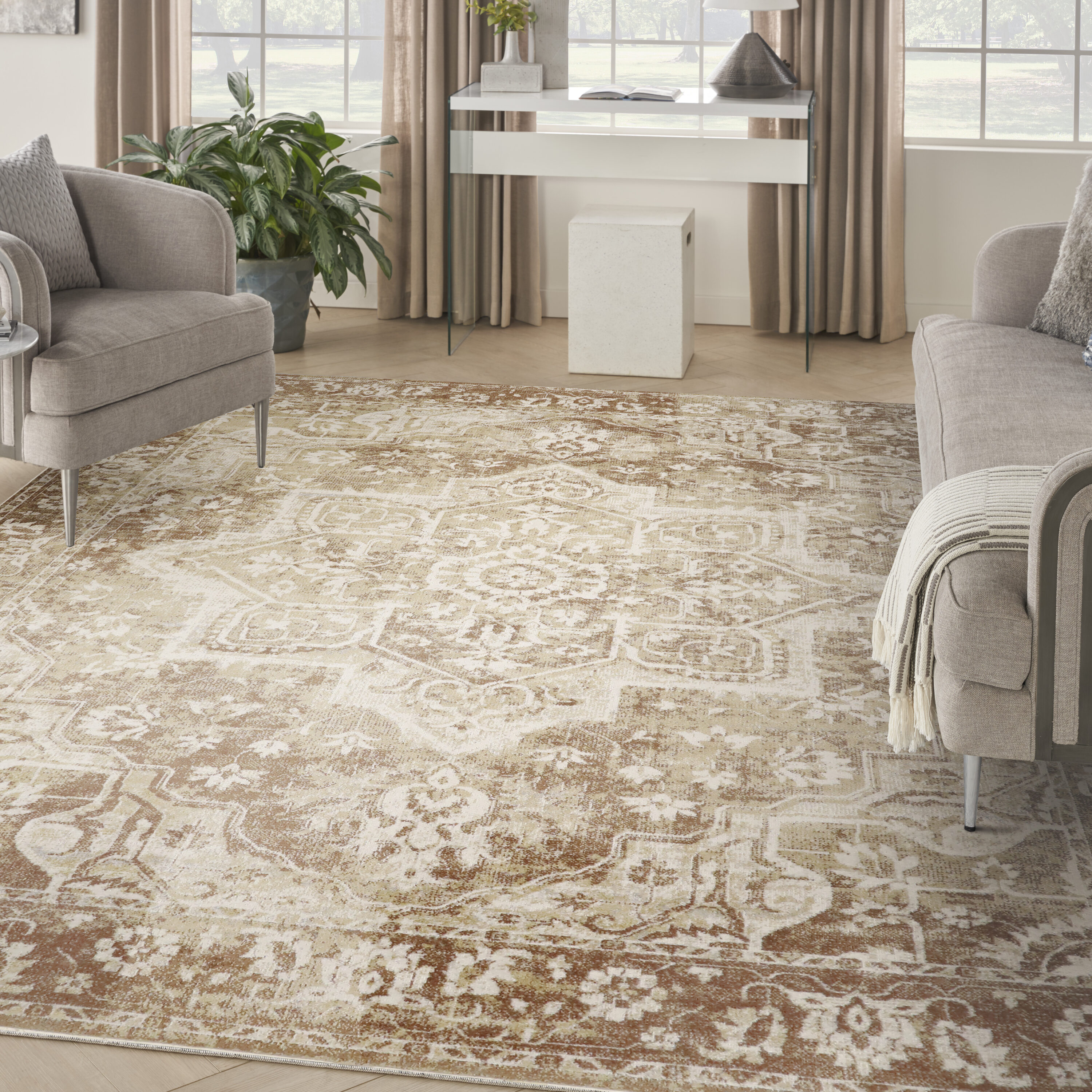 Nourison Home 841491133729 9 x 12 (ft) Loomed Polyester Rust Rectangular Indoor Distressed/Overdyed Bohemian/Eclectic Area rug