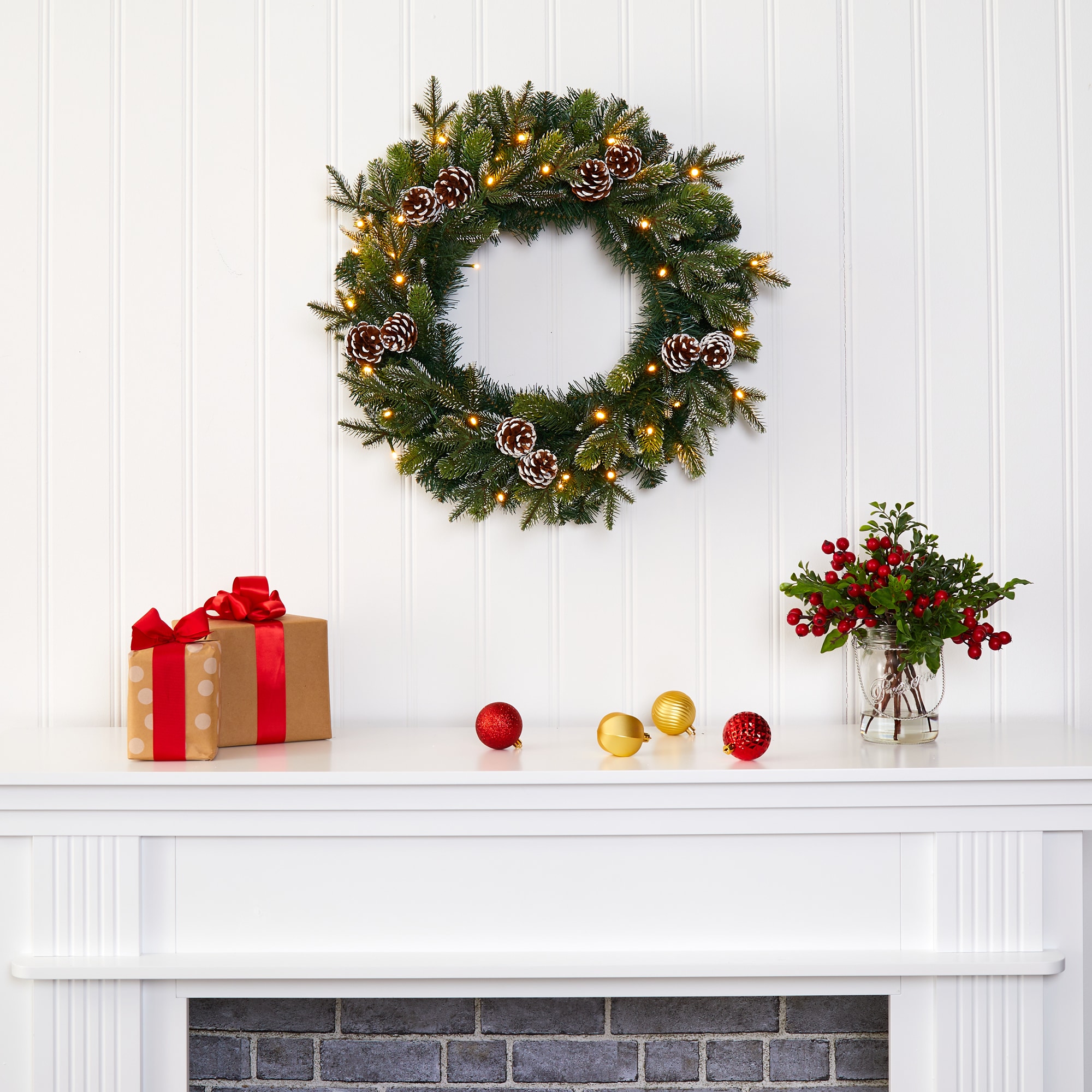 Snowed Pinecone Artificial Christmas Wreath with Clear LED Lights