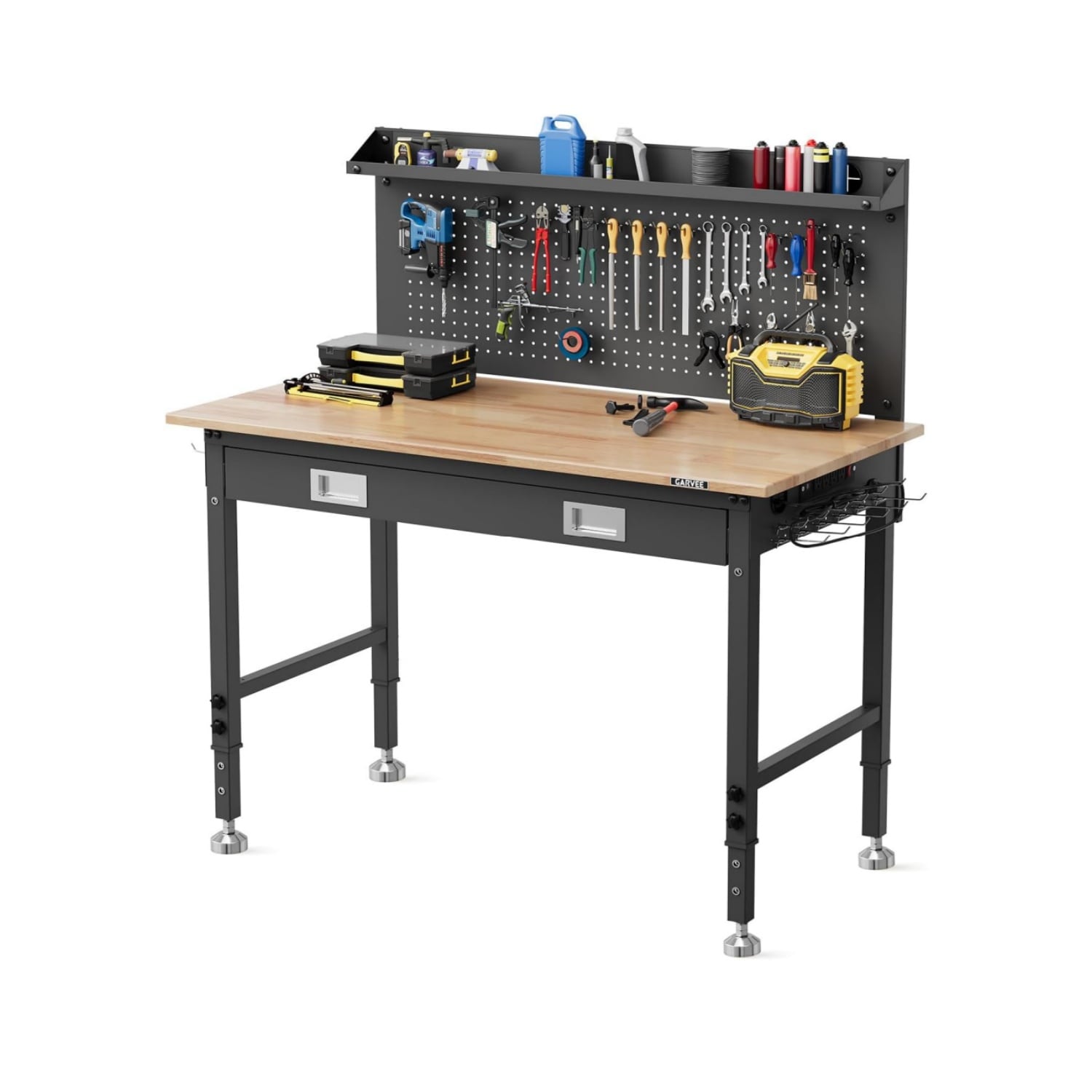Garvee 48Inch x 24Inch Heavy-Duty Workstation with Rubberwood Top 6-Level Adjustable Height Integrated Drawer LED Light ETL Outlets Pegboard and Hooks for Garage #HQ-7-H3-3DPT-5FHH