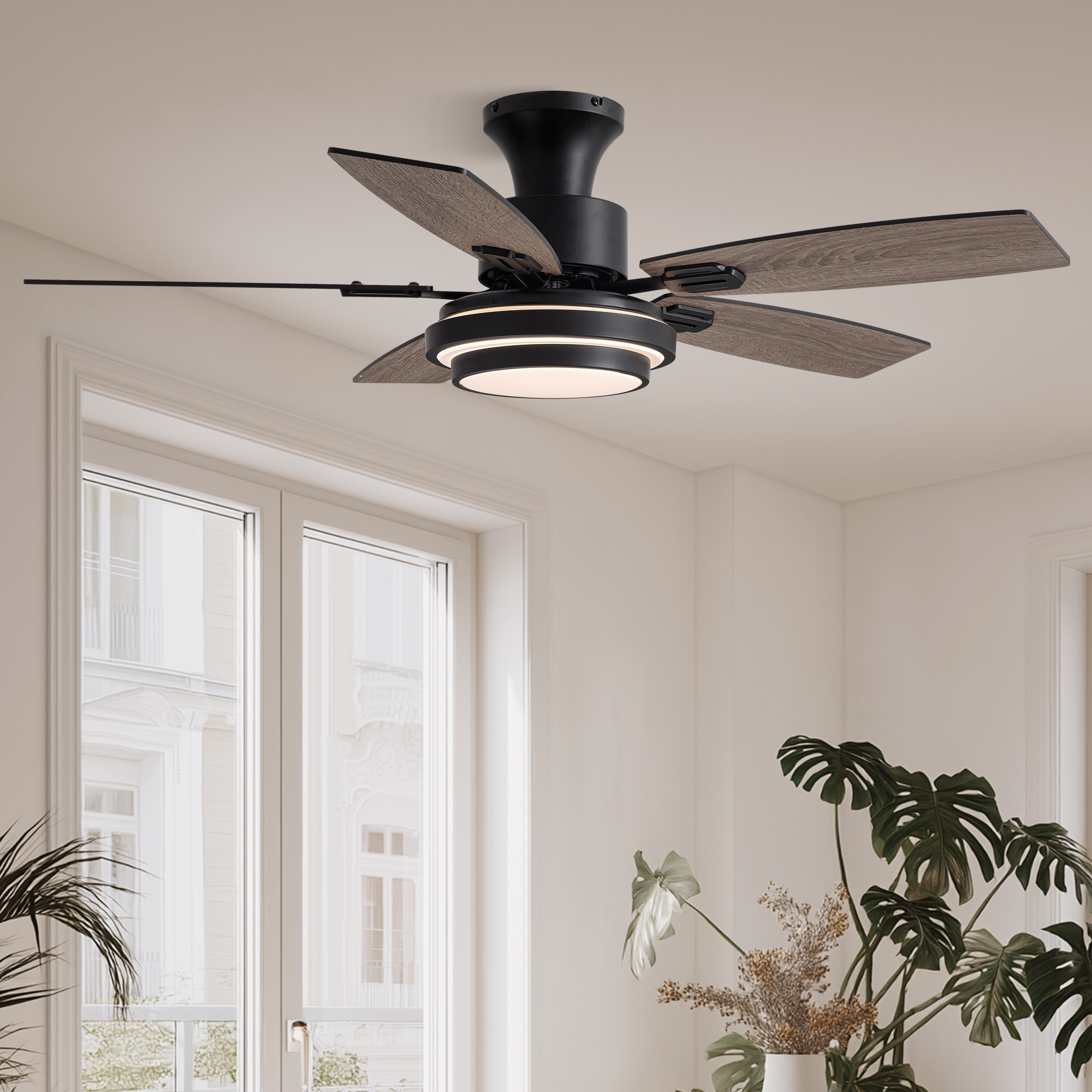 FANNEHONNE 42-In Modern Matte Black Flush Mount Ceiling Fan with Lights Use Quiet DC Motor Remote and App Control Low Profile Design for Bedroom Living Room and Coverd Patio