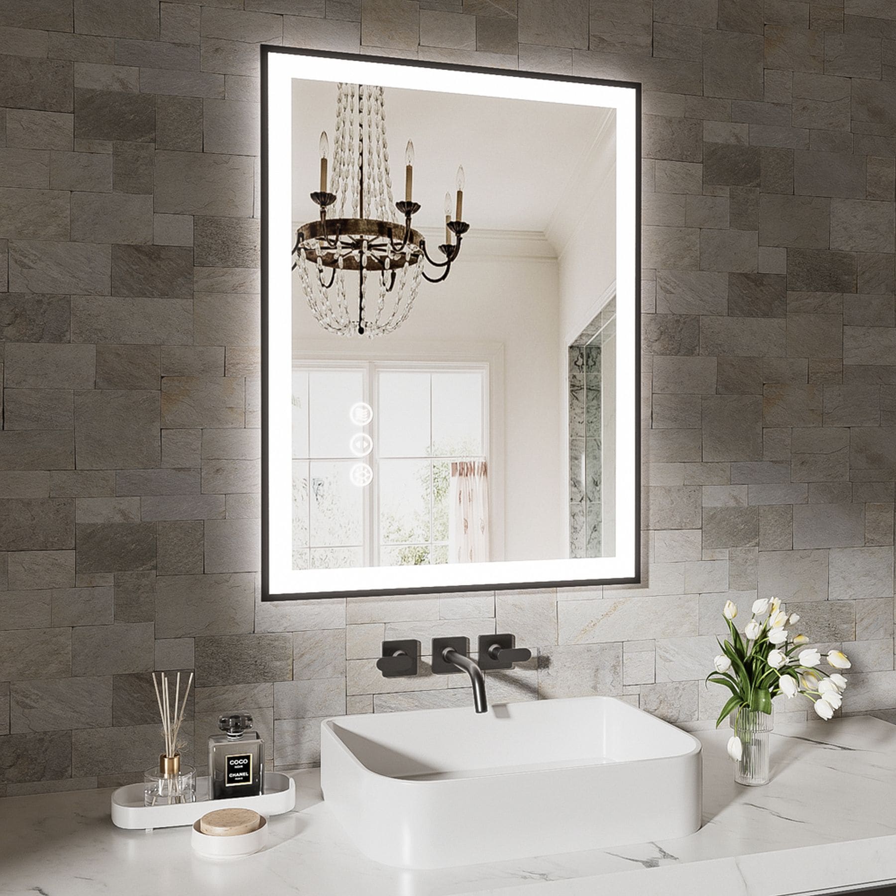 Blisstyle ZZZ1470UHTEUY PREMIUM 24-in x 32-in Polished Rectangle Dimmable LED Lighted Fog Free Bathroom Vanity Mirror ( Black )