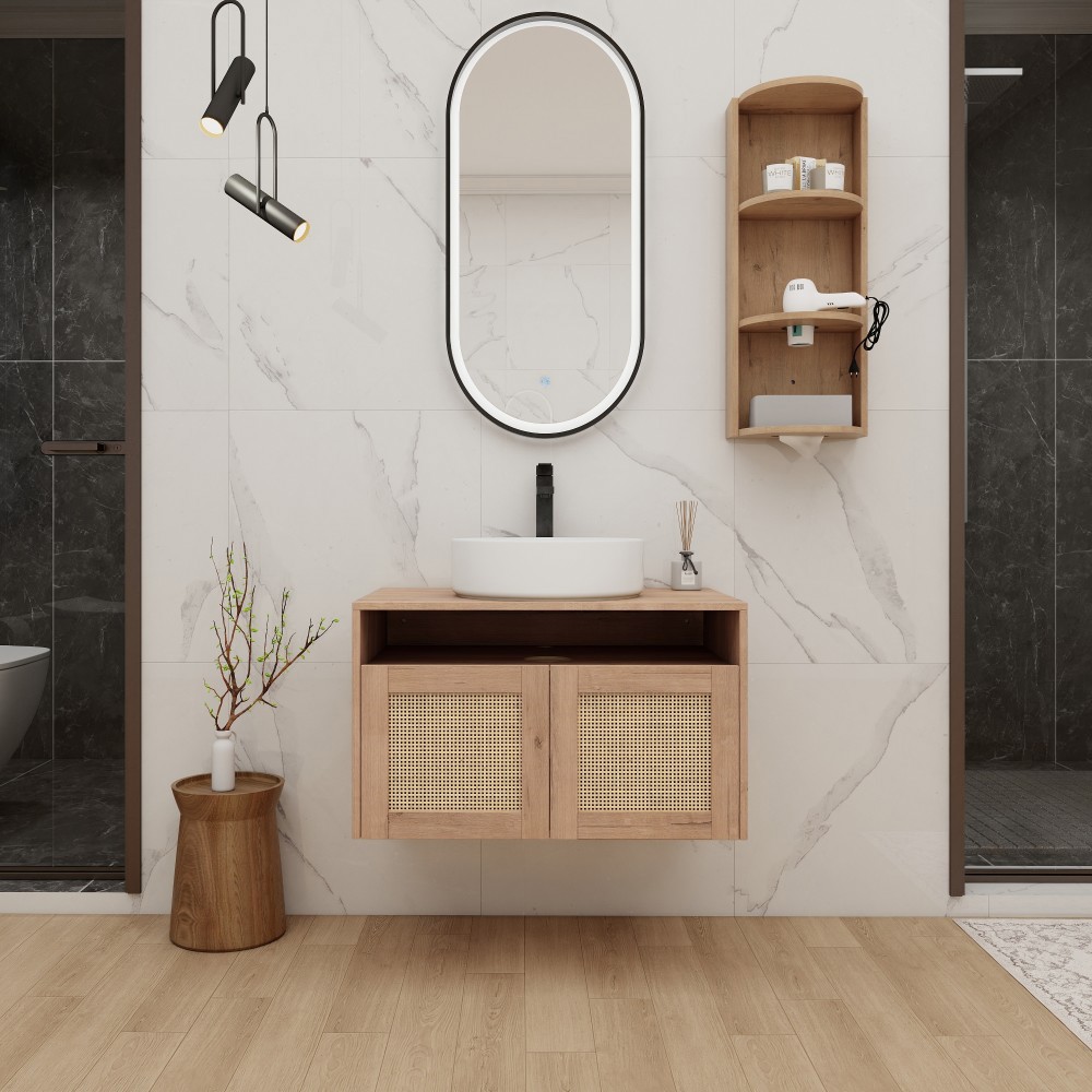 Basdien 29 in Brown Wall Mount Vanity Ceramic Art Sink Side Cabinet Double Soft Close Doors Plywood Construction KD Packing Set Easy Assembly Kit Modern Bath Design Eco Friendly Paint Free Boards Water Resistant Melamine Scratch Proof Surfaces