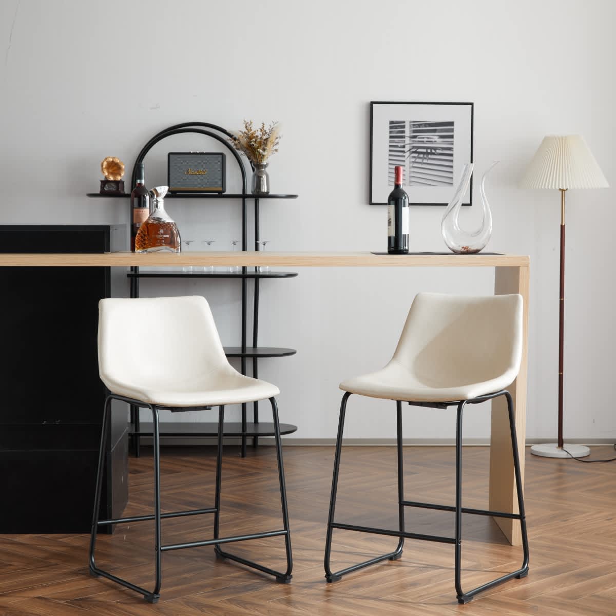 Maison Boucle Set of 2 Cream Faux Leather 24-in Counter Height Bar Stools with Metal Frame