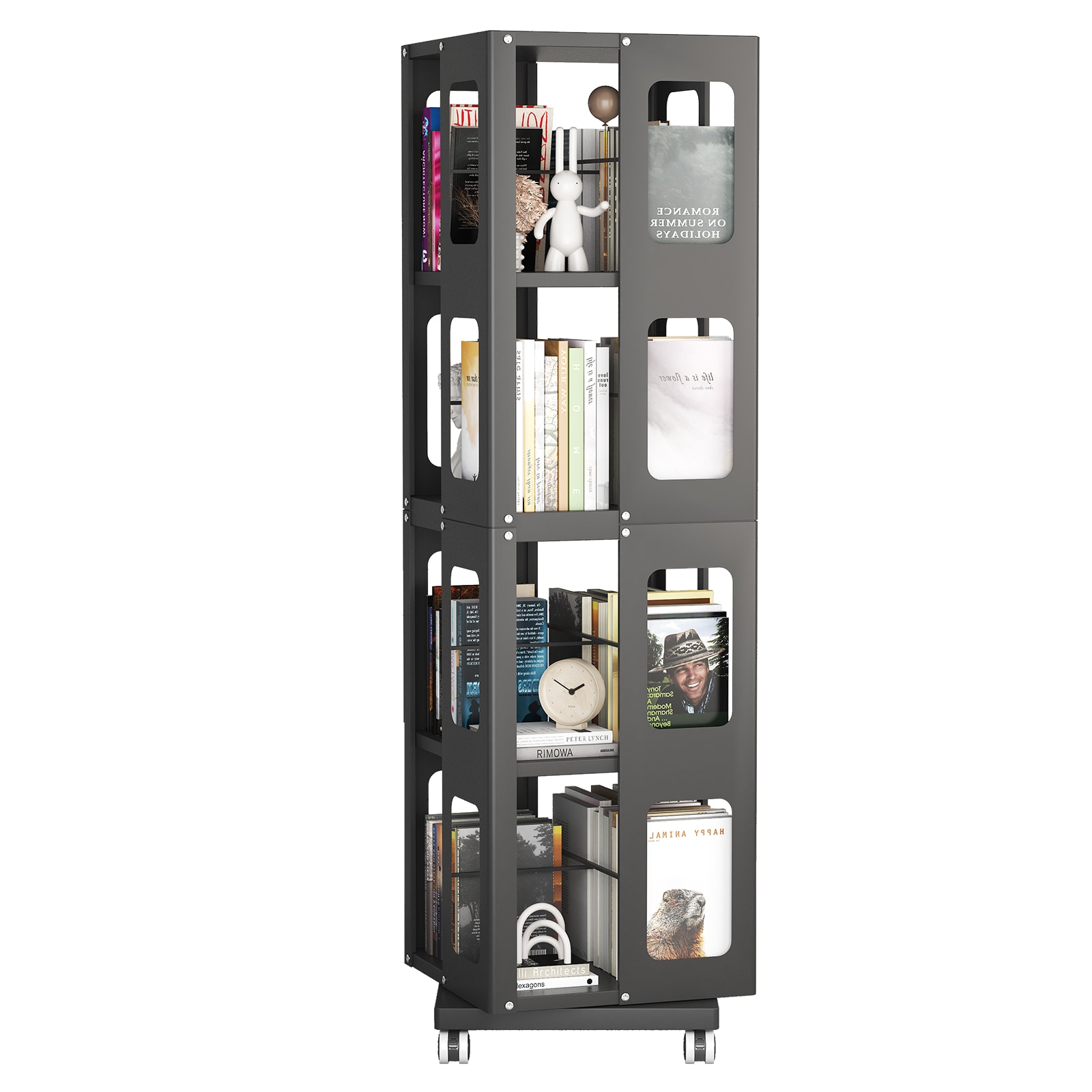 LOVMOR SF-Y-W1779P305250 4 Tier All Steel Rotating Bookshelf with 360 degree Wheels Large Size Sturdy and Spacious Book Rack New Style Black Bookshelf Easy Assembly