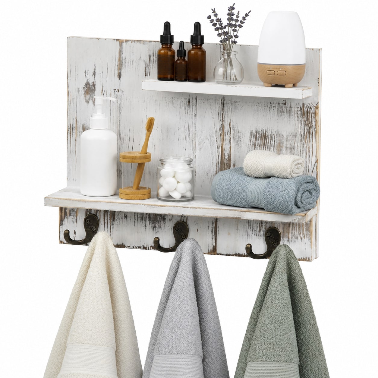 Paradigms Interiors 2 Tier Whitewashed Solid Wood Floating Wall Shelves With Hooks For Storage Organization #514068540656