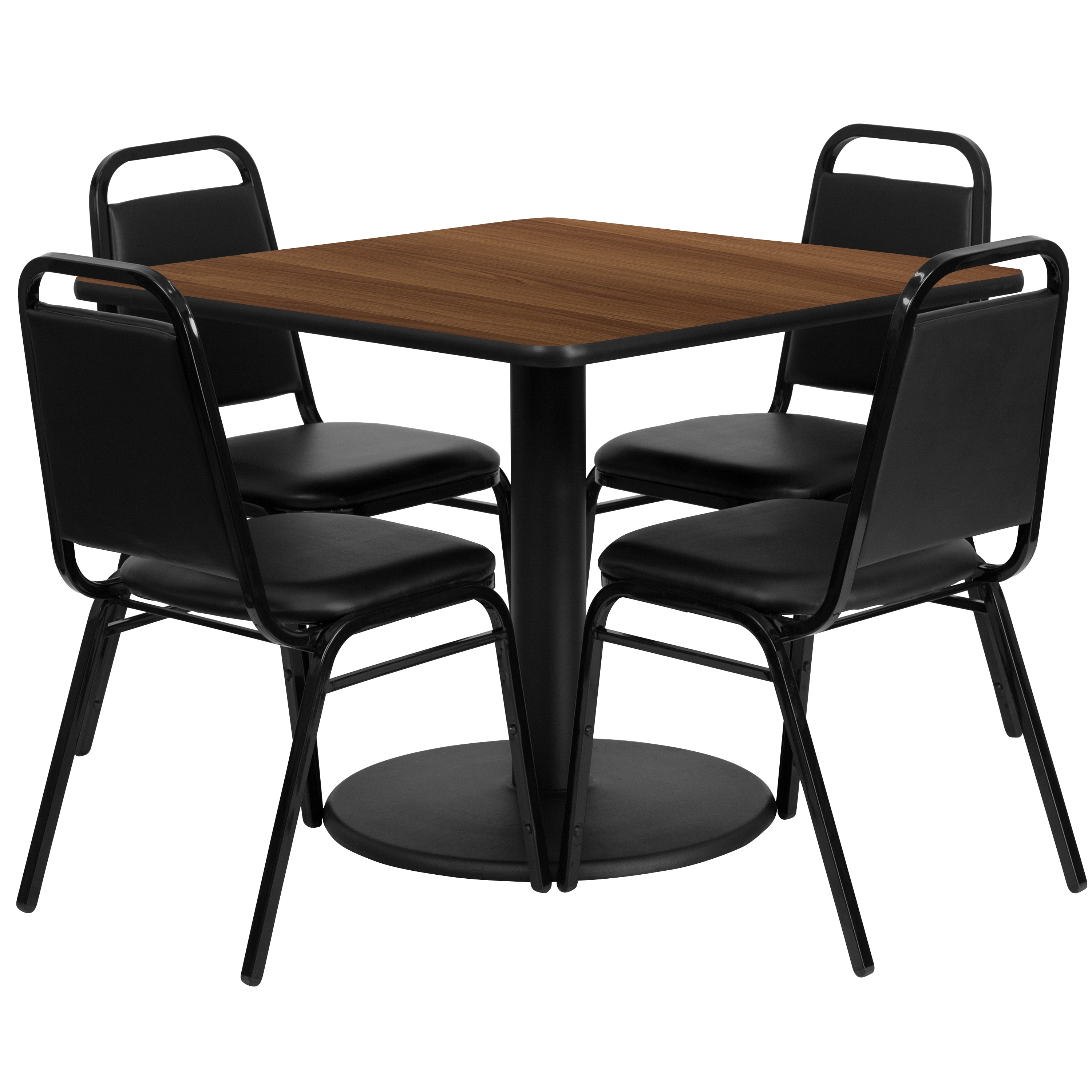 36'' Square Walnut Laminate Table with 4 Black Banquet Chairs