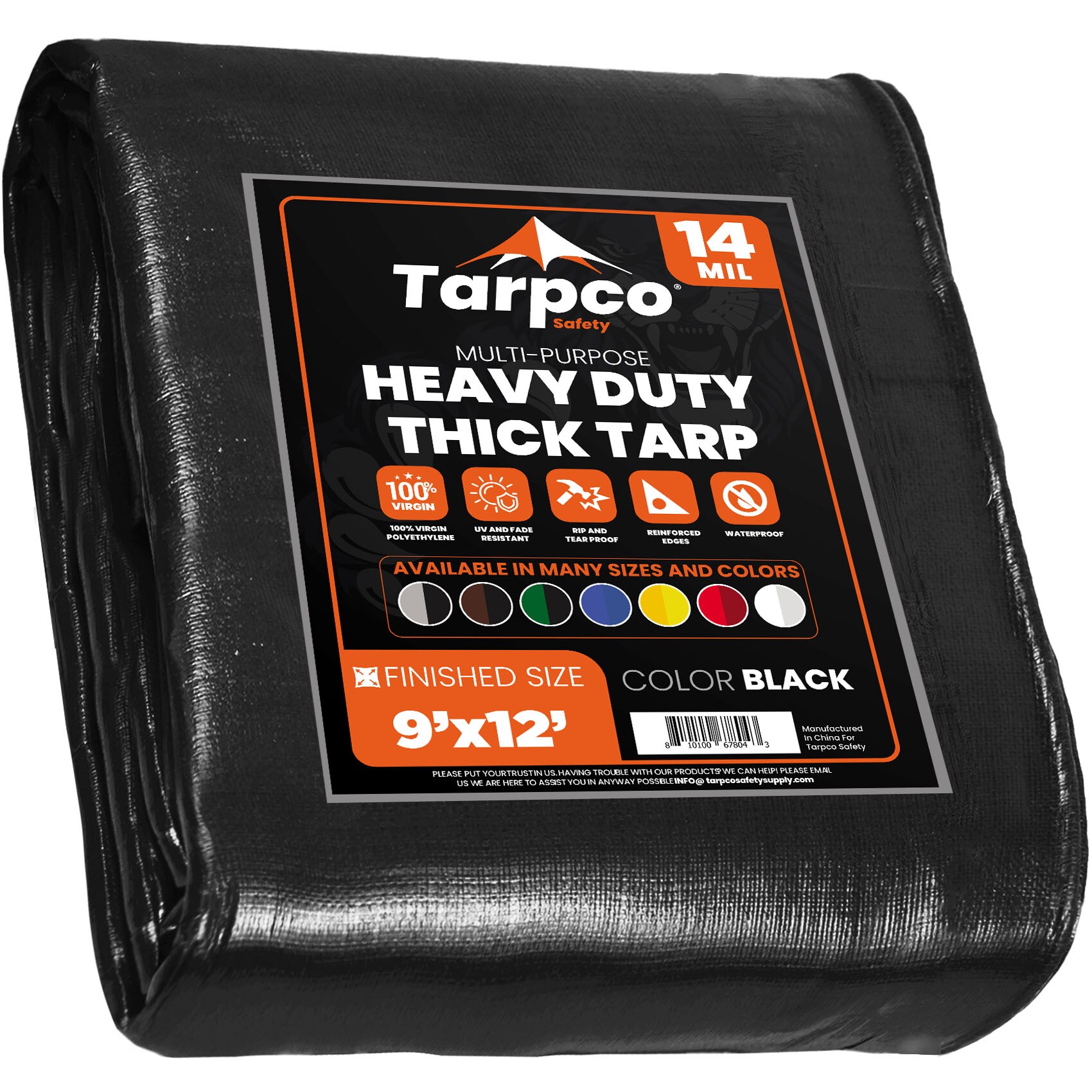 Tarpco Safety TS-106-9X12 9-ft x 12-ft Black Waterproof Commercial Polyethylene 14-mil Tarp