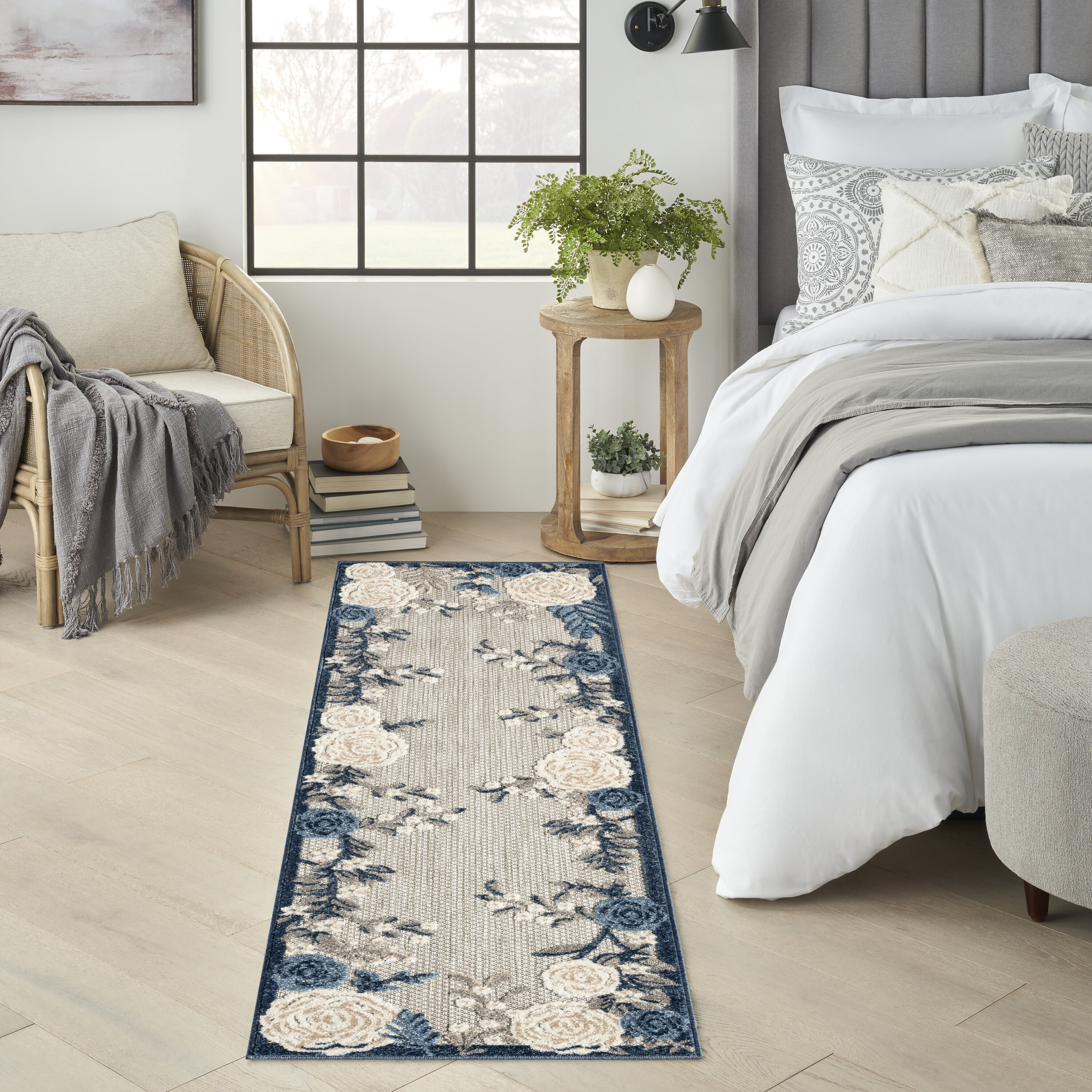 Nourison Home 099446965097 Aloha 2 x 6 (ft) Loomed Polypropylene Blue Grey Rectangular Indoor/Outdoor Floral/Botanical Runner rug