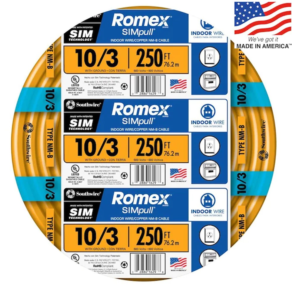 Southwire 376107 250-Feet 10 / 2 / Romex SIMpull Solid Indoor CU NM-B W/G Individual pack ( By-the-roll )