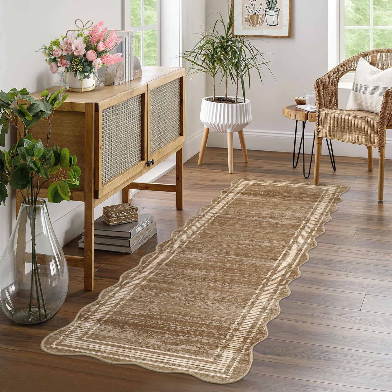 Qeetex SUNNY-PHK-33JPSVVH 2 x 6 ft Polyester Light Brown Rectangular Machine Washable Geometric Bordered Laundry Bathroom Kitchen Machine Washable Runner Rug