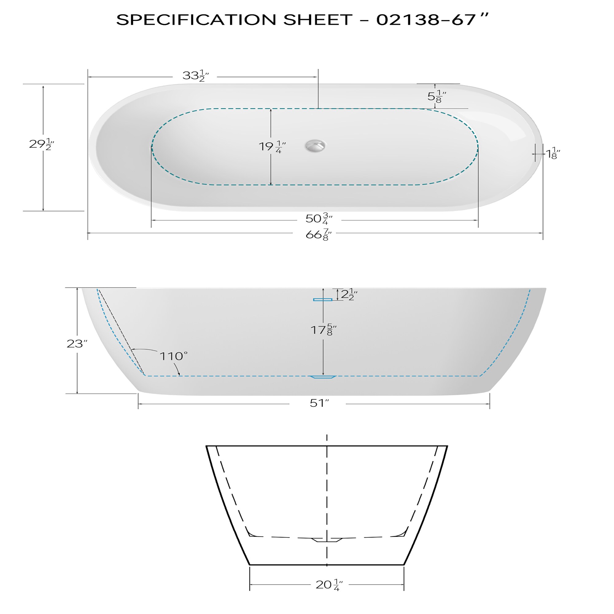 HEATGENE 55" White and Matte Black Acrylic Freestanding Bathtub