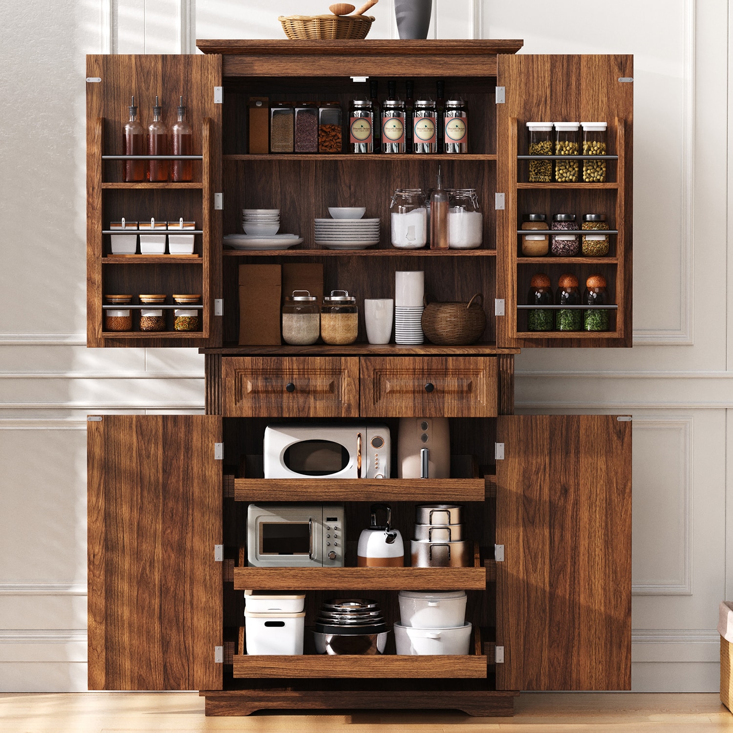 71" Tall Kitchen Pantry Cabinet Contemporary/Modern Brown Pantry