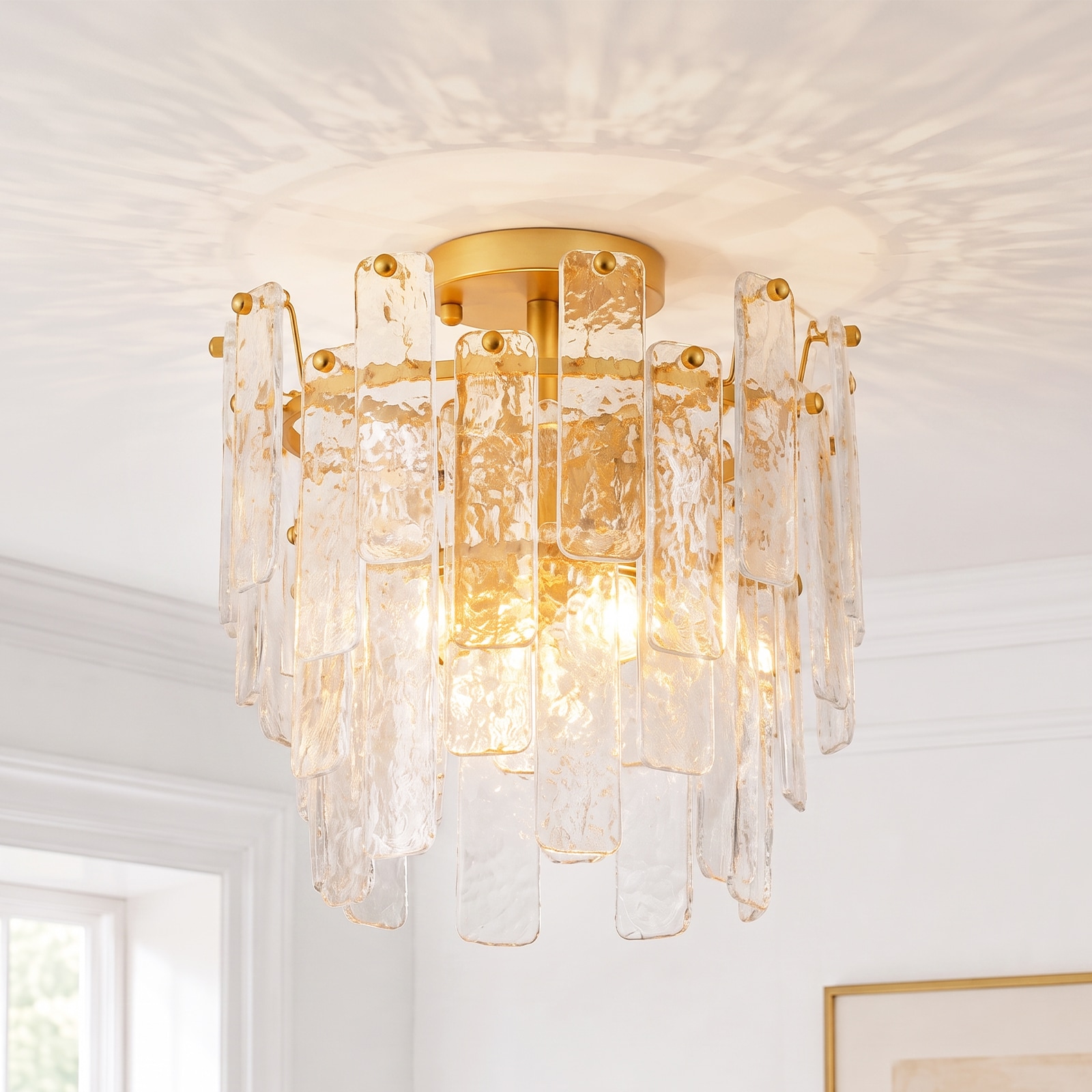 Rennnsan 14.96-in 3-Light Modern Gold Glam Ice Linear Crystal Semi-Flush Mount Ceiling Light for Foyer Kidroom