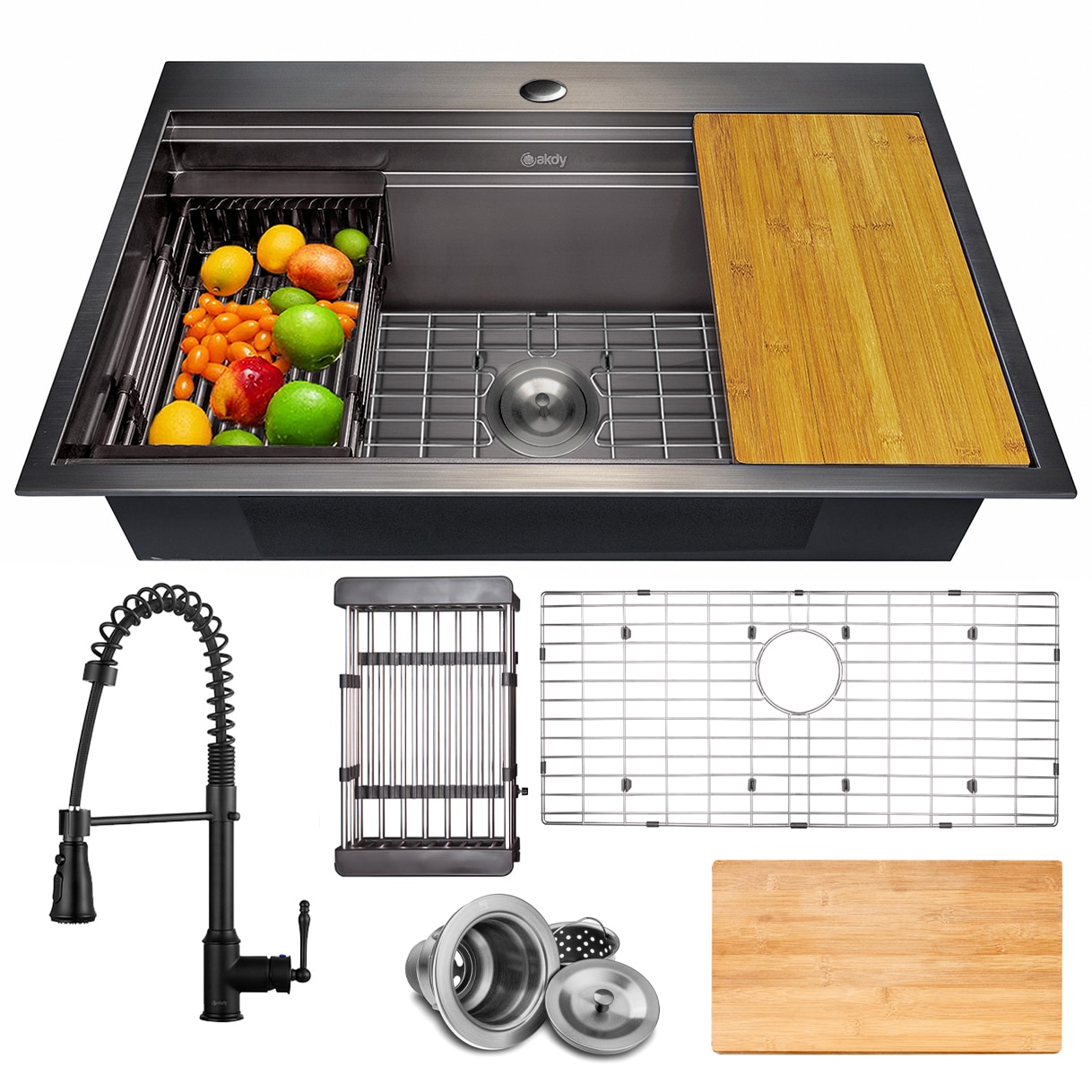 AKDY KS0507-KF12 Drop-in 33-in x 22-in Stainless steel Single bowl Workstation Kitchen Sink All-in-One Kit