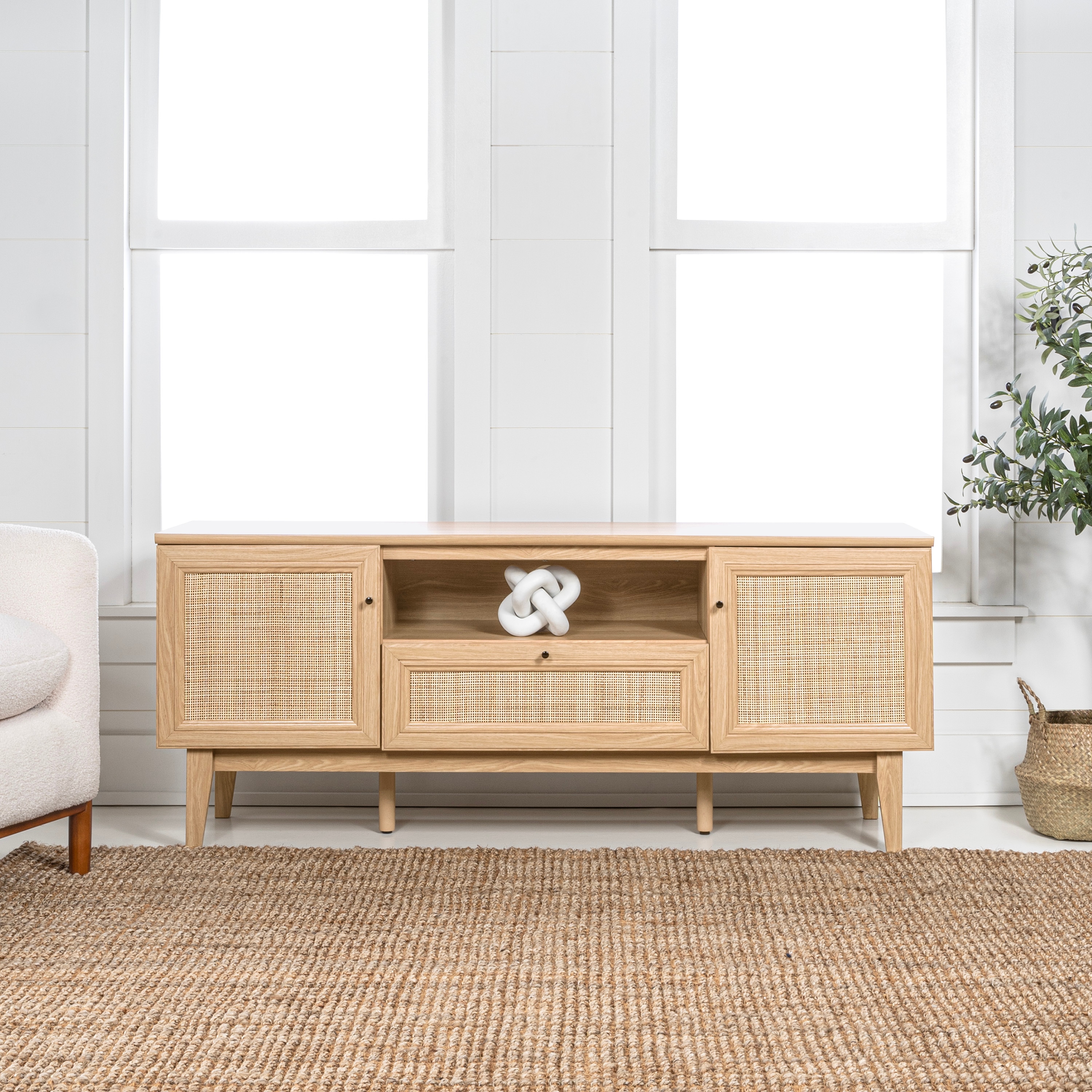 Finley 59" Oak TV Stand with Rattan Paneling and Storage