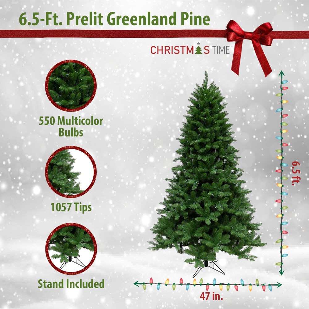 6.5-Ft Greenland Pine Artificial Christmas Tree with Multicolor LED Lights
