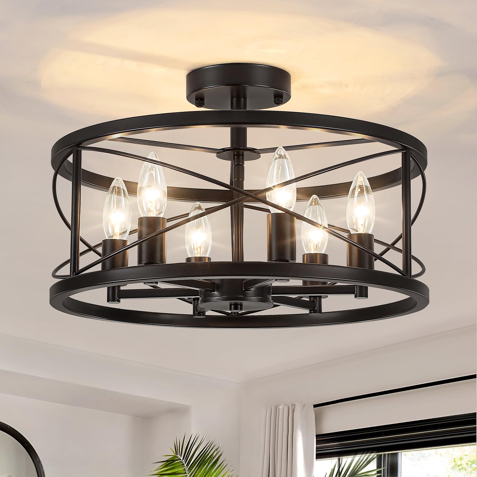CYIKE  6-Light Black Semi Flush Mount Ceiling Light Modern Farmhouse Close to Ceiling Fixture for Hallway Entryway Foyer Dining Room Living Room