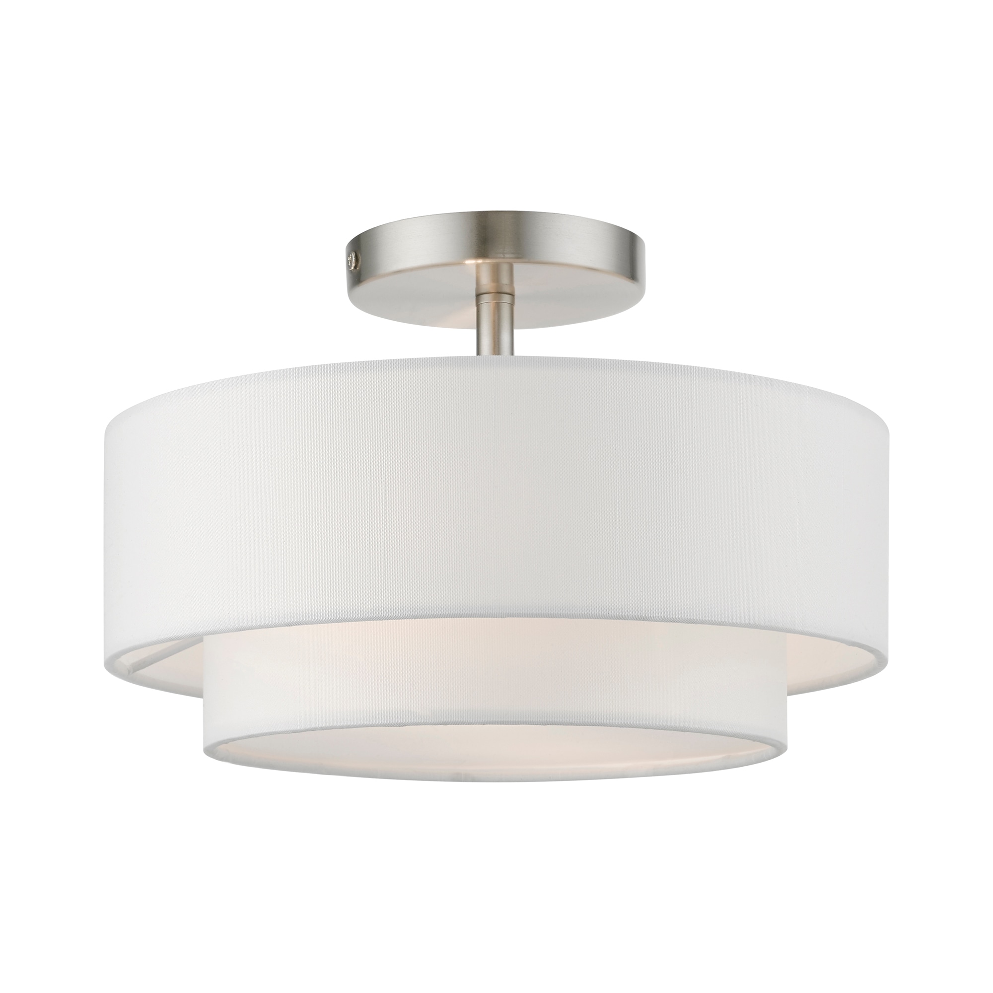 Sleek Brushed Nickel 2-Light Semi-Flush Mount with Off-White Drum Shade