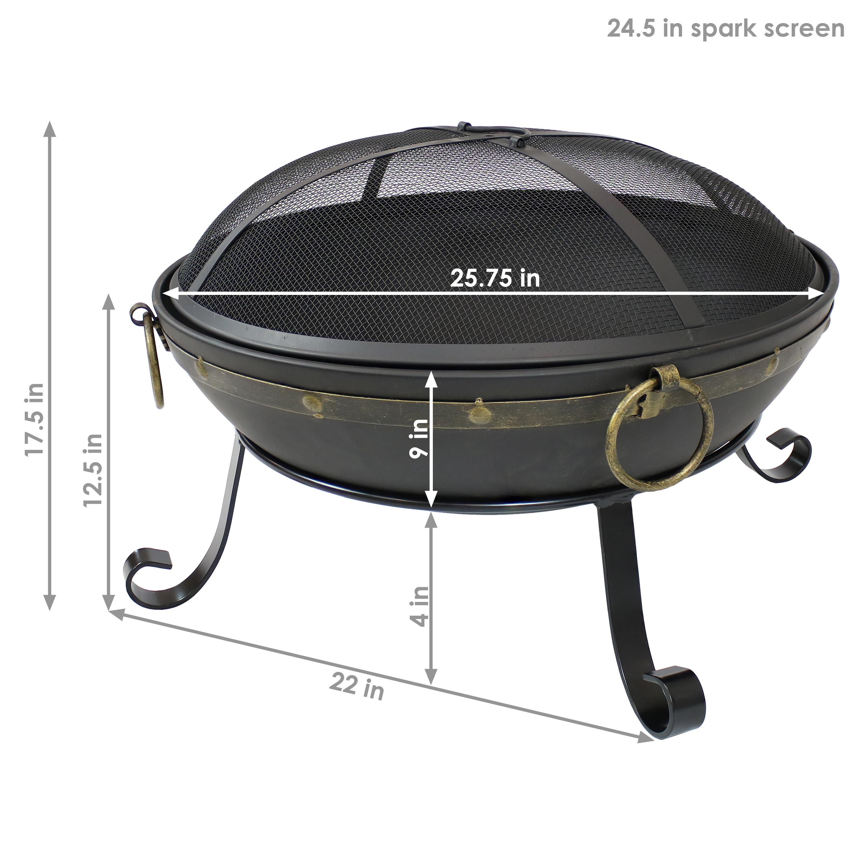 Victorian 25" Black Steel Fire Bowl with Spark Screen