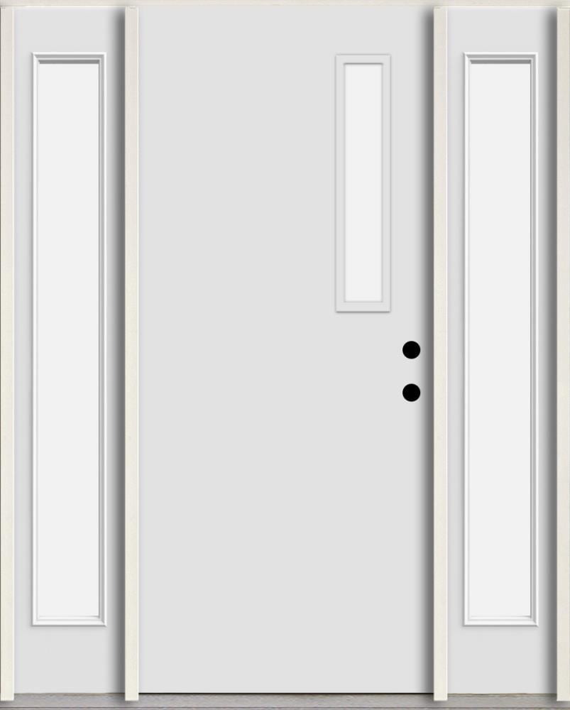 RELIABILT LO1063208 Spotlights 56-in x 80-in x 4-5/8-in Fiberglass 1/4 lite Left-hand inswing Arctic White Paint Painted Prehung Front Door with Sidelights Insulating core