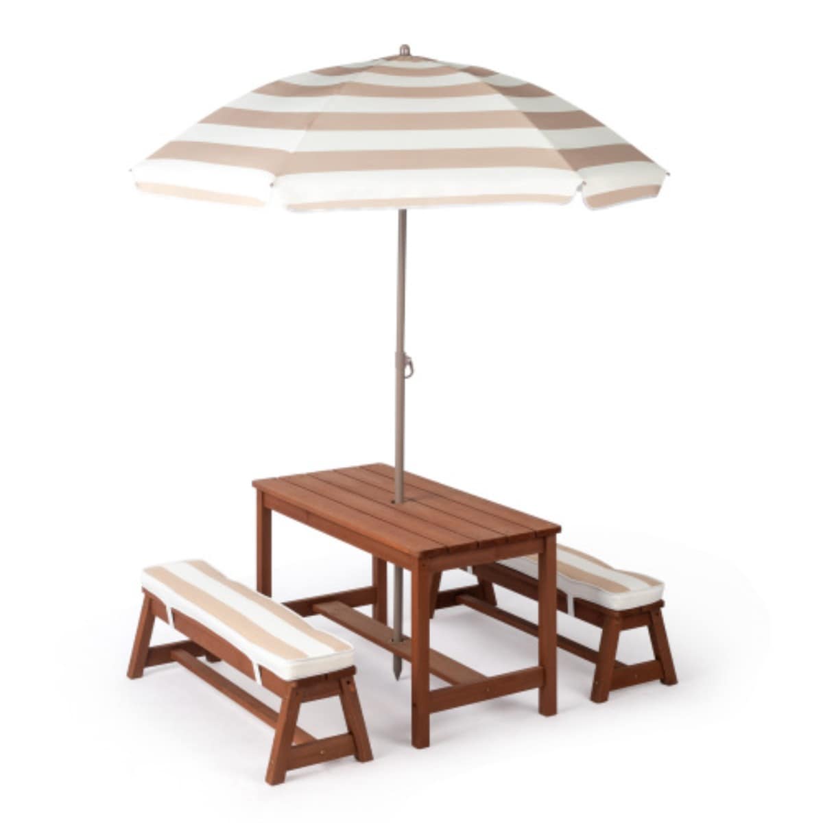 JOYMOR - Kids Picnic Table Set with Cushions Umbrella Outdoor Wooden Table Bench Natural Walnut