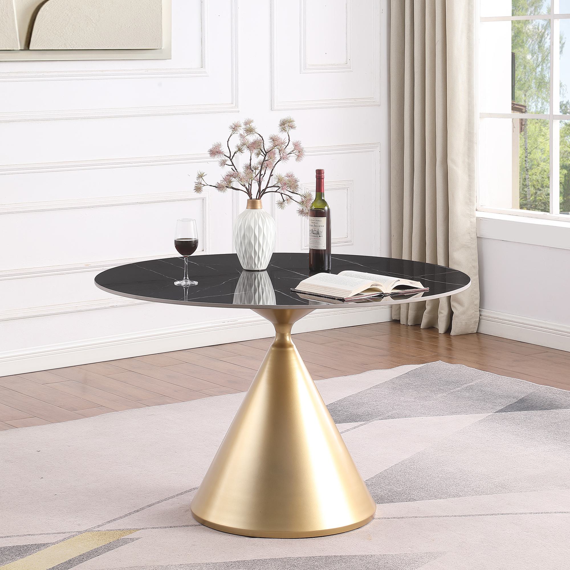 FARATI D2003DT-BLACK Black Round Contemporary/Modern Dining Table, MDF with golden Metal Pedestal Base 47-Inches L x 30-Inches H