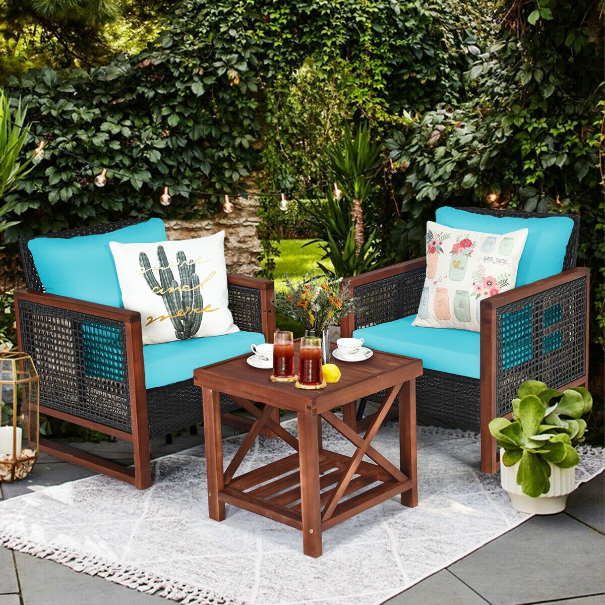 Forclover HBV-227TU 3 -Piece Rattan Patio Conversation Set with Blue Cushions