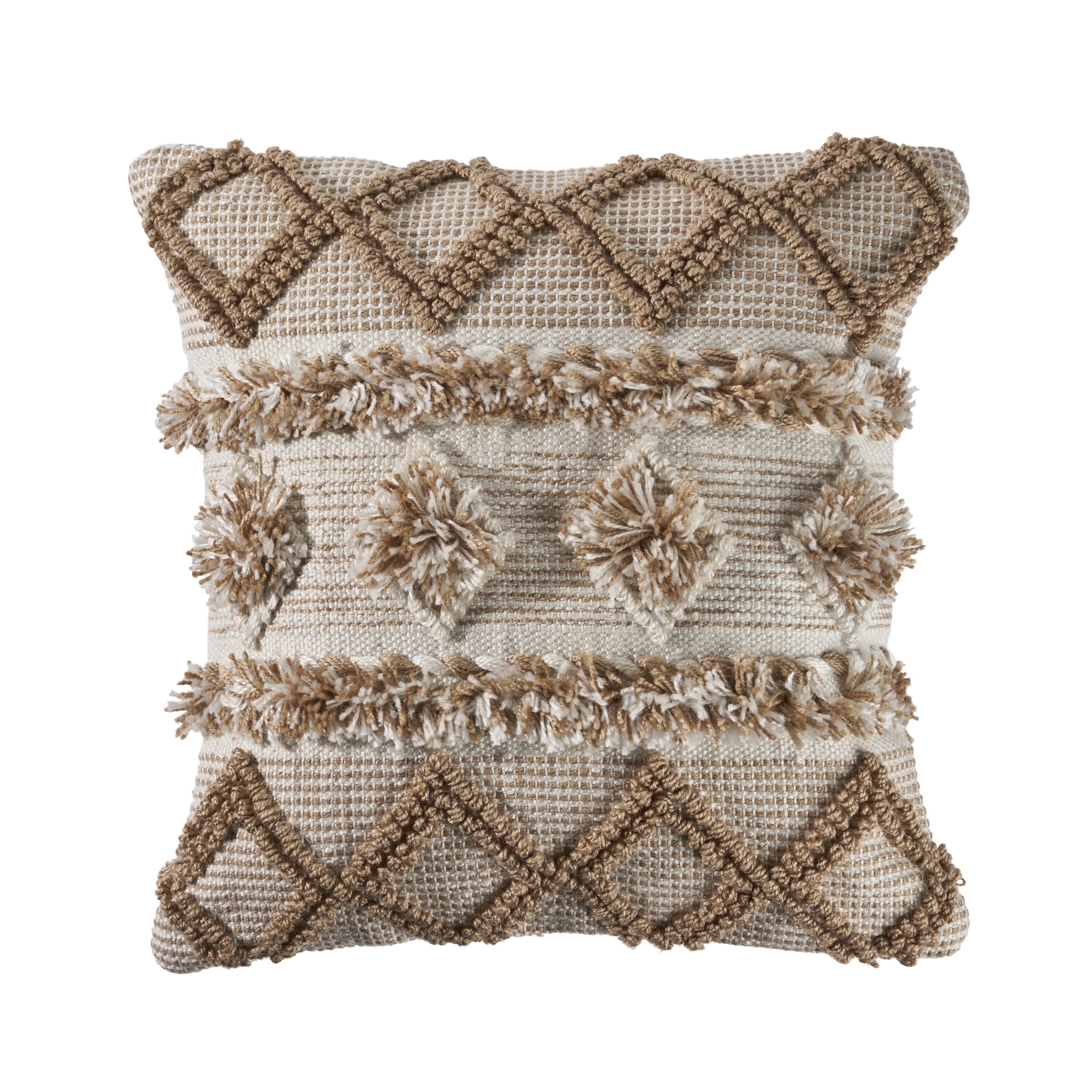 Neutral Beige and Cream Pom Pom Geometric Square Pillow