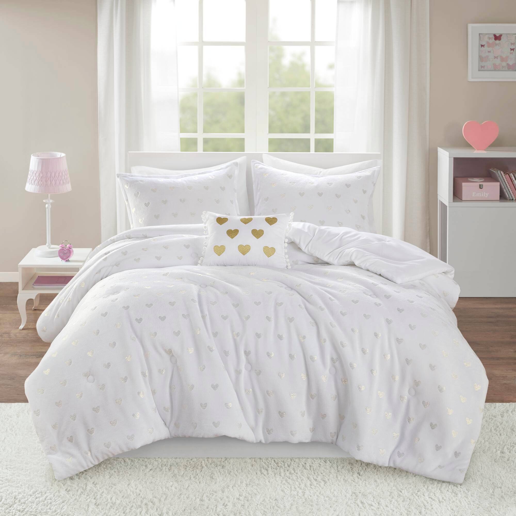 Vynxaria LESX0855-DJTZ-CS019 4 Piece Full Queen Metallic Printed Plush Comforter Set with Throw Pillow White and Gold