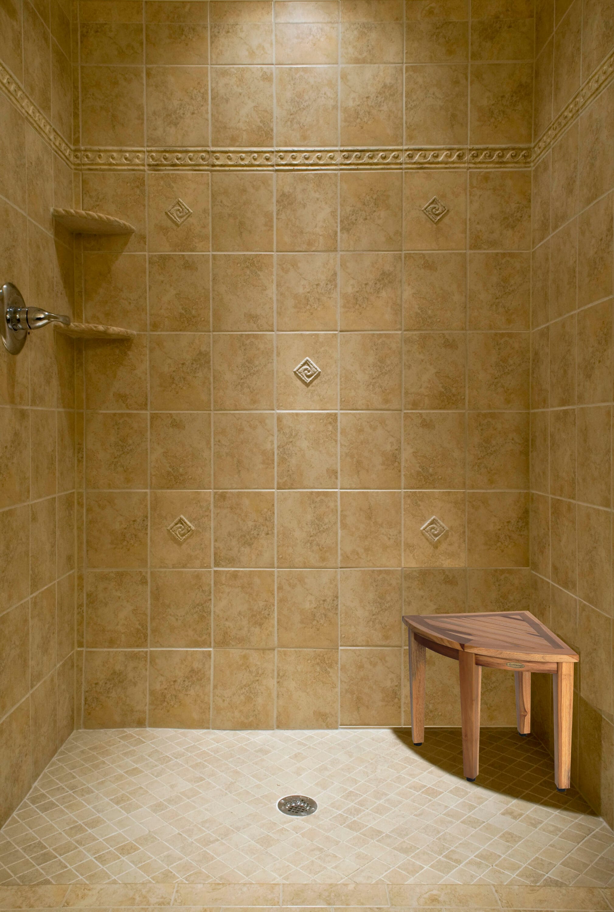 EcoDecors 18" Teak Corner Shower Bench with Adjustable Feet