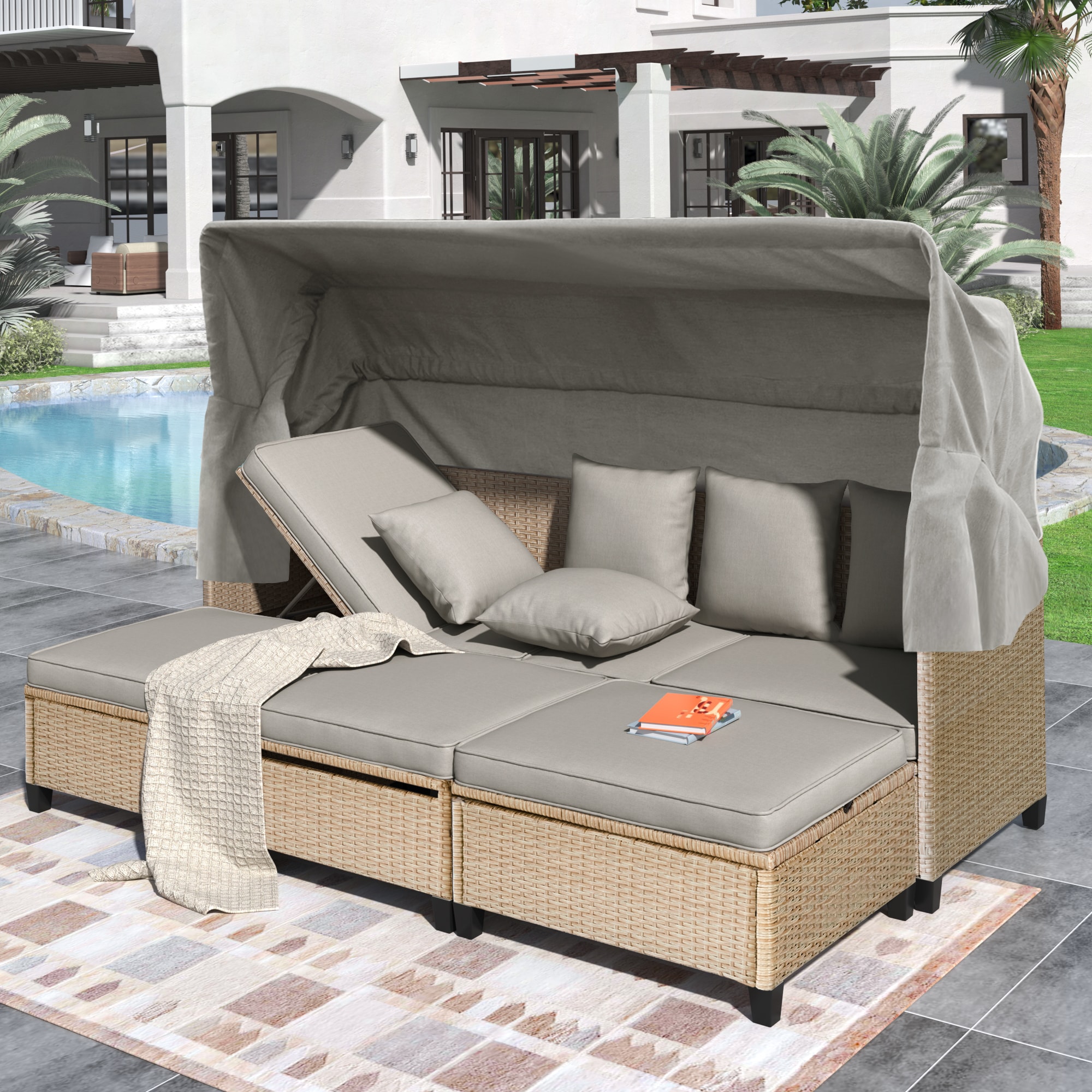 ModernLuxe L-SP100121AAD 4 Piece UV-Proof Resin Wicker Patio Sofa Set with Retractable Canopy, Cushions and Lifting Table,Brown 4 -Piece Rattan Patio Sofa Conversation Set with Gray Cushions