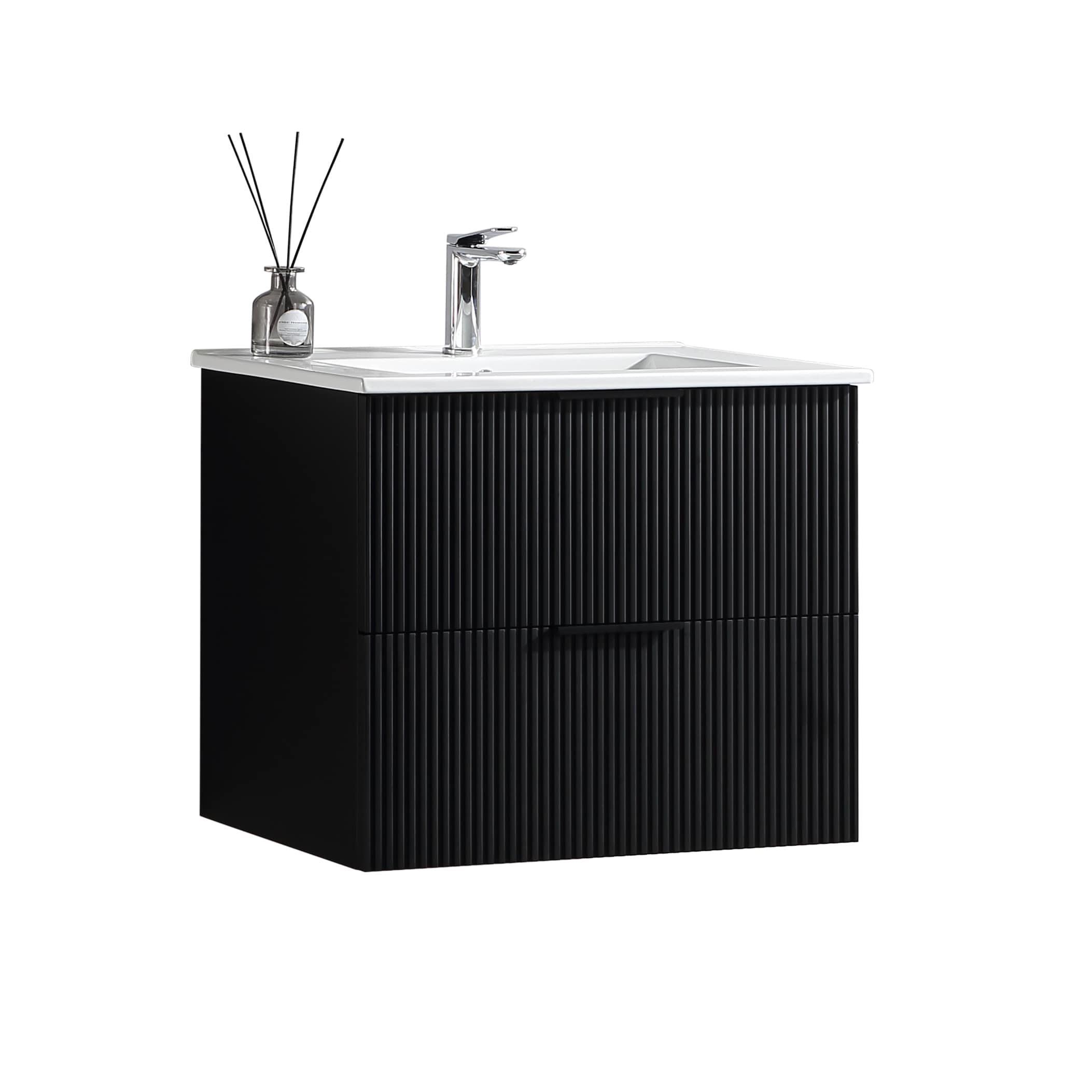 BBLLWJ - Wall Mounted 24 Inch Fluted Bathroom Vanity with Integrated Sink Top Double Drawers Wate...