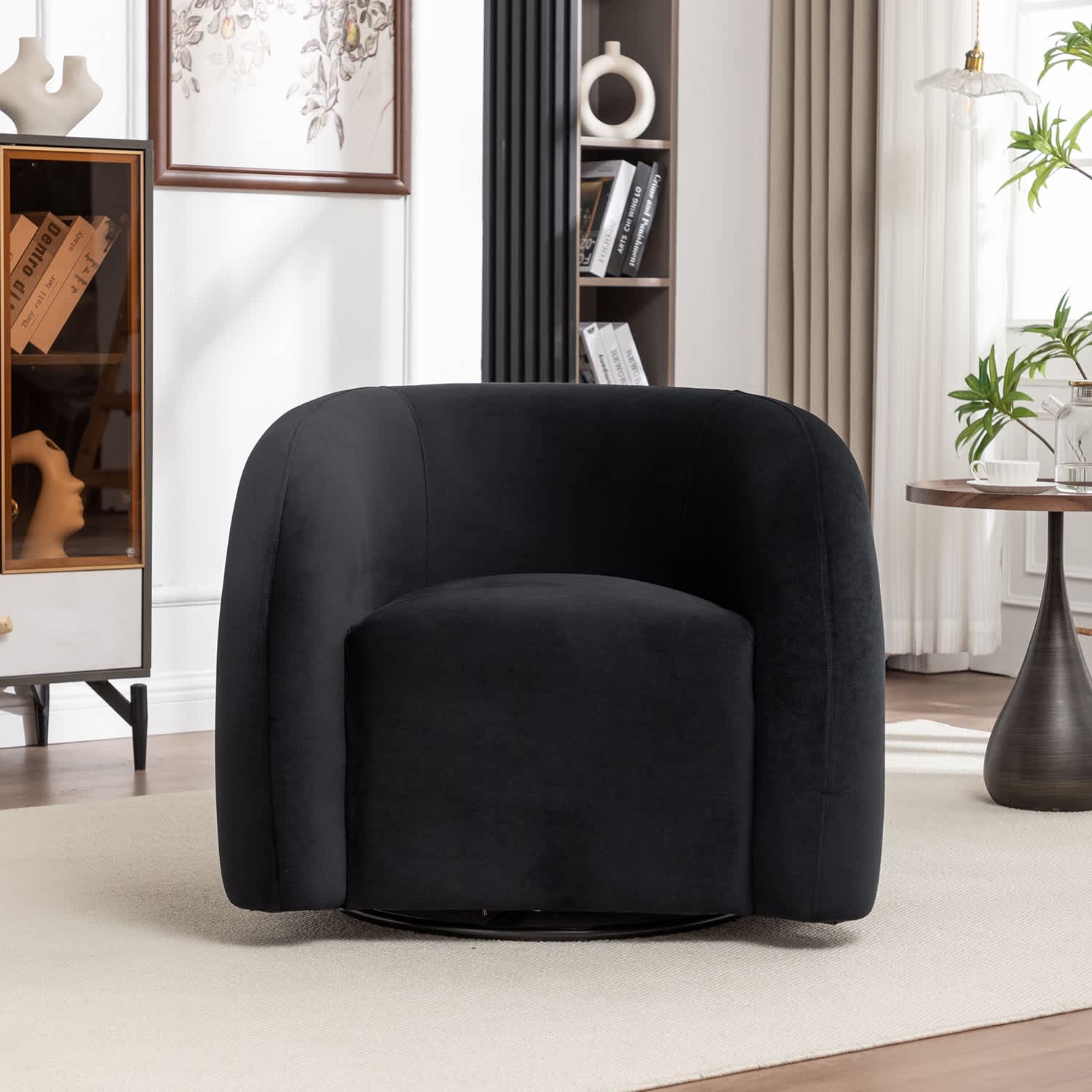 SEYNAR XY720-BLACK Modern Glam Velvet 360 Degree Swivel Accent Armchair with Tufted Back