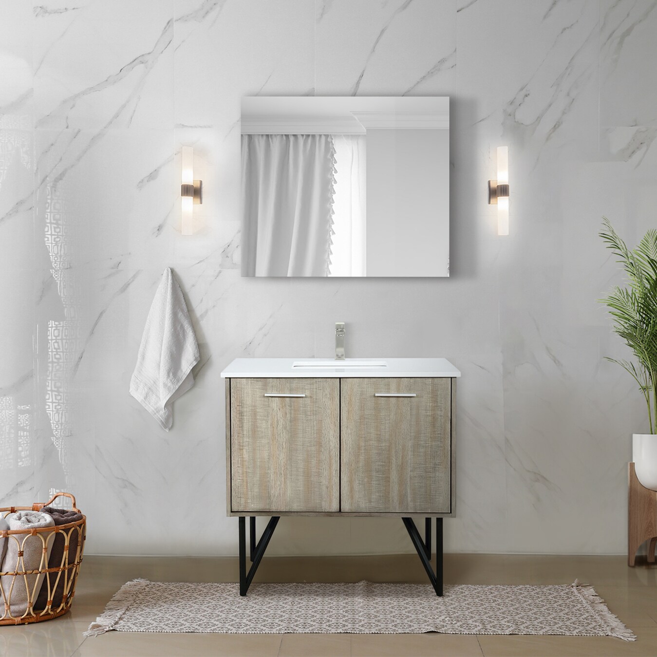 Lexora LVLY36SRA310 Lancy 36-in Rustic Acacia Undermount Single sink Bathroom Vanity with White Cultured marble Top (Mirror Included)
