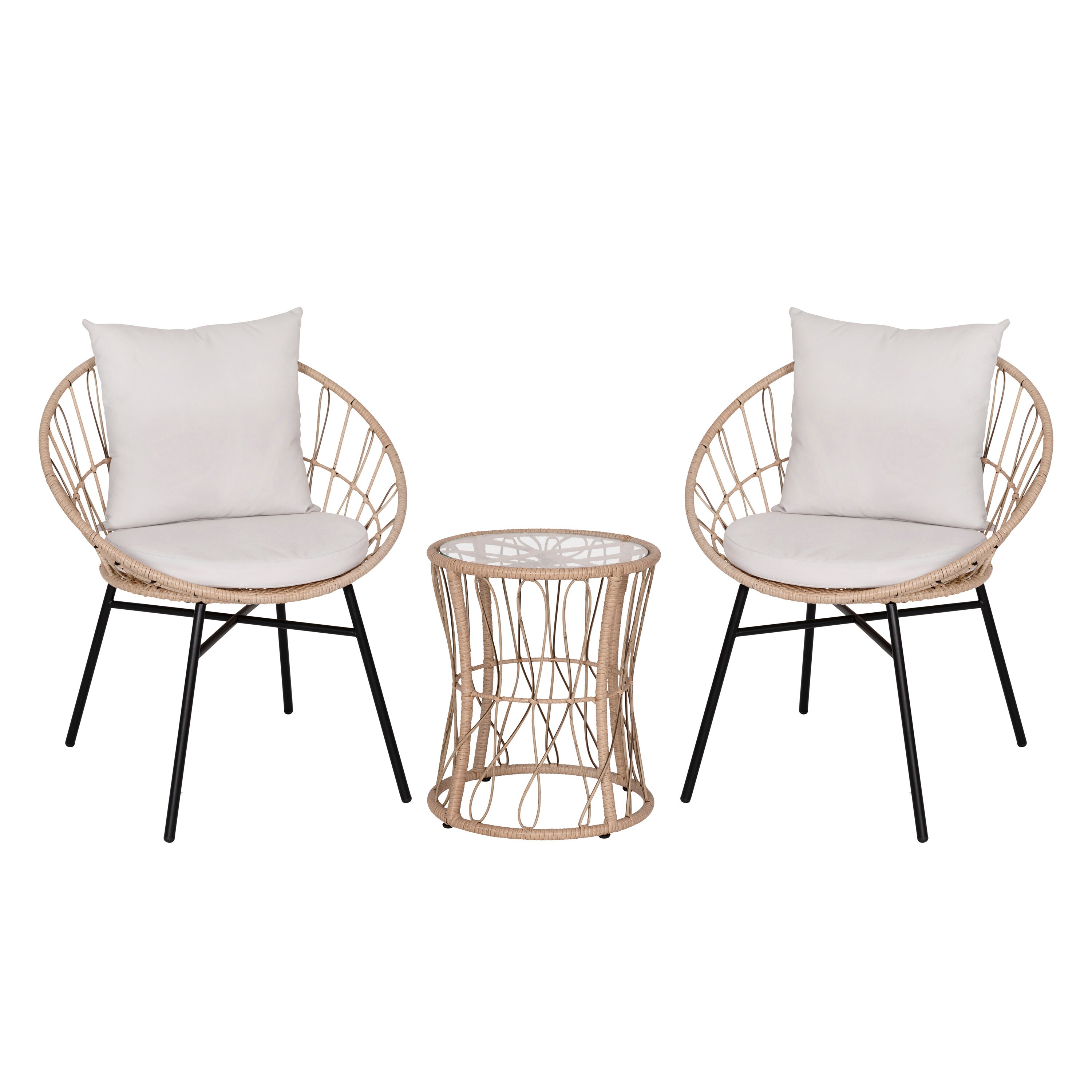 Taylor & Logan 196861091155 Fielder 3 -Piece Brown Rattan Patio Dining Set Rattan Round Table with 2 Gray Cushions Stationary Chairs
