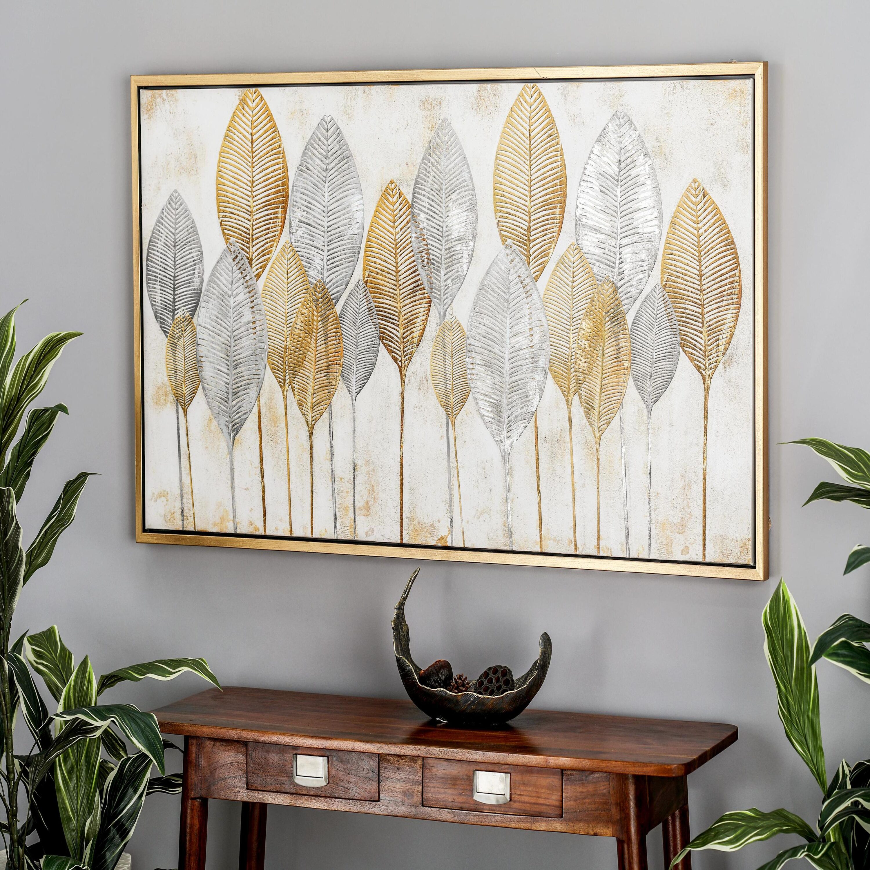 CosmoLiving by Cosmopolitan 43999  Brown Canvas Framed Wall Art Gold Framed 27-in H x 55-in W Abstract Wood Painting