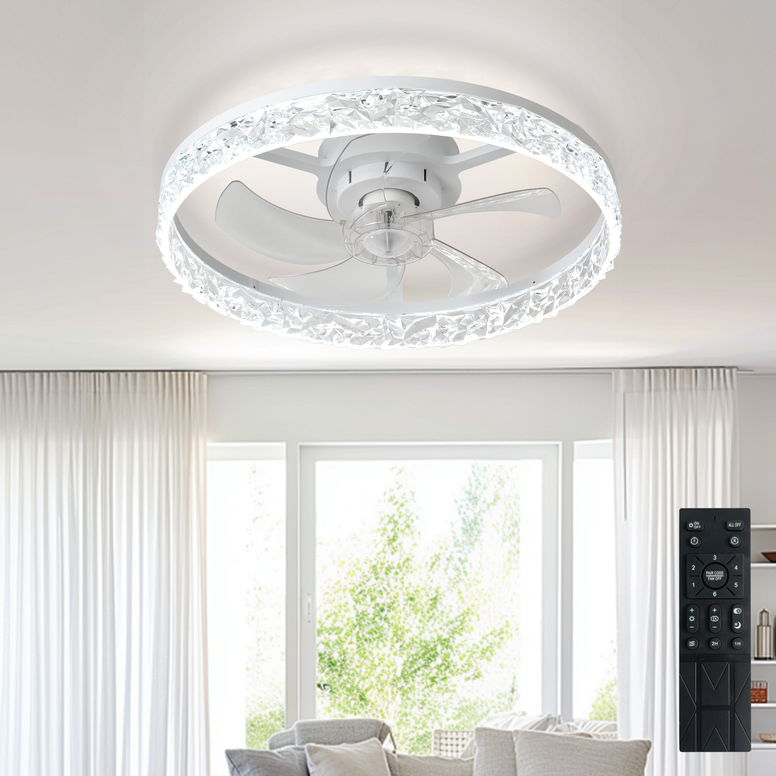 Dovanpaul 20 Inch White Modern Low Profile Flush Mount Ceiling Fan with Light Dimmable Quiet DC Motor Remote and App Dual Control Fandelier for Bedrooms Living Rooms Kitchens