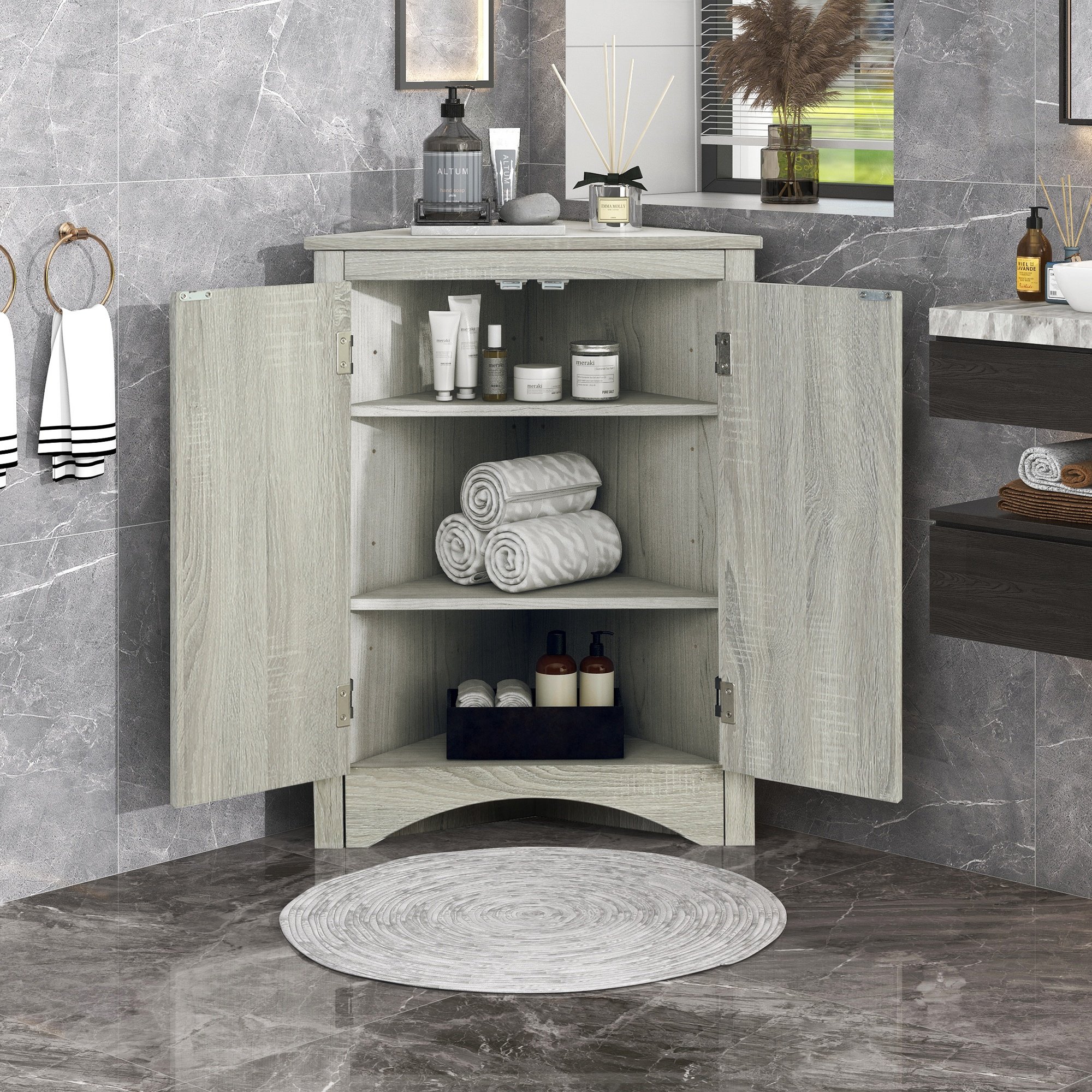 LIVACA Oak MDF Triangle Bathroom Storage Cabinet with Adjustable Shelves and Freestanding Design
