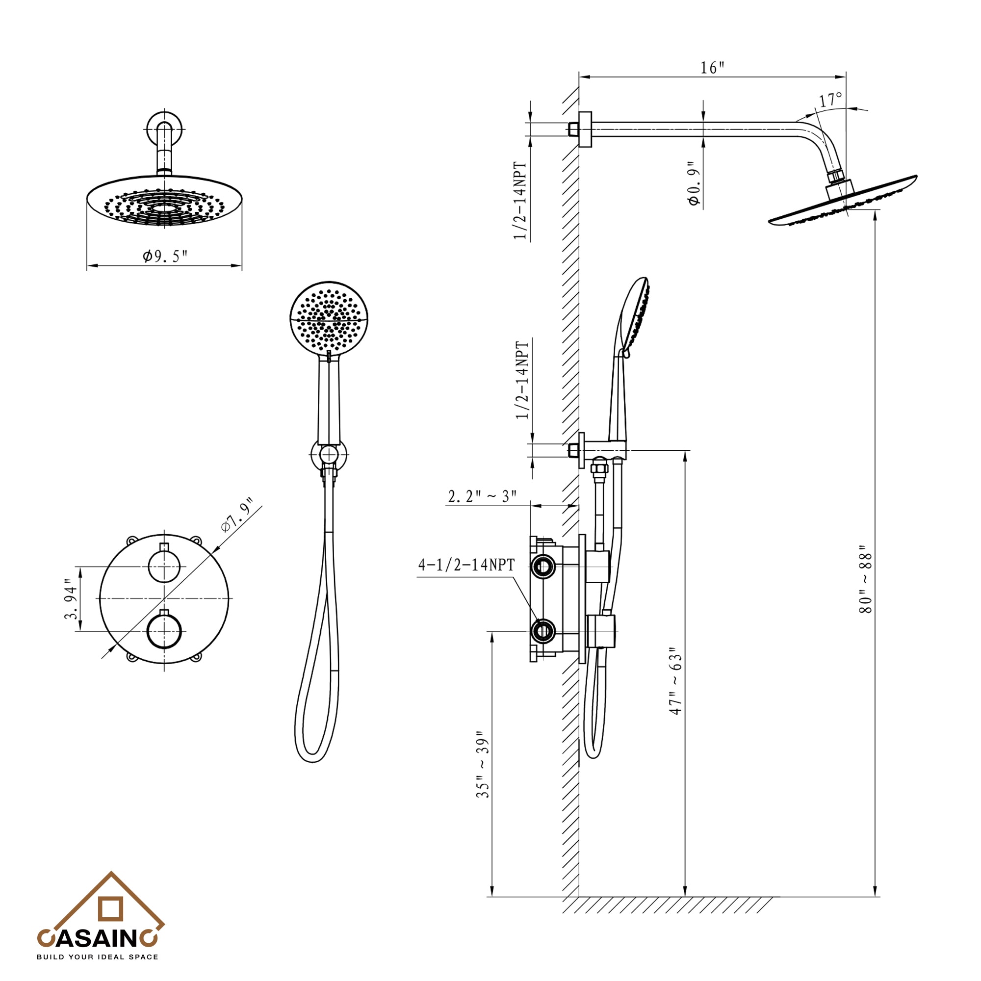 CASAINC HM-T206-RO-BN Showerhead-Bar-Panels - View #7