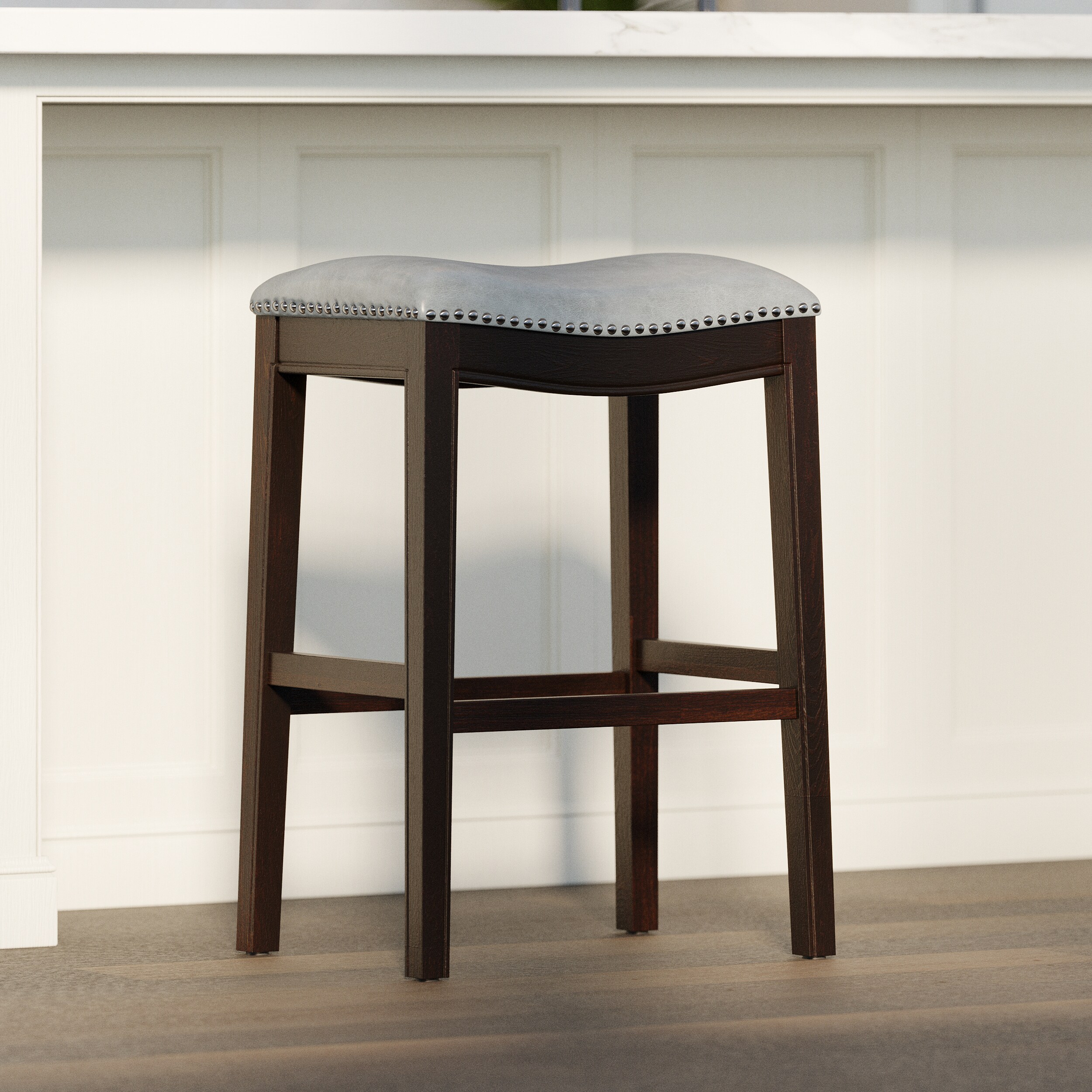 Clihome Gray Bar height Upholstered Wood Bar Stool