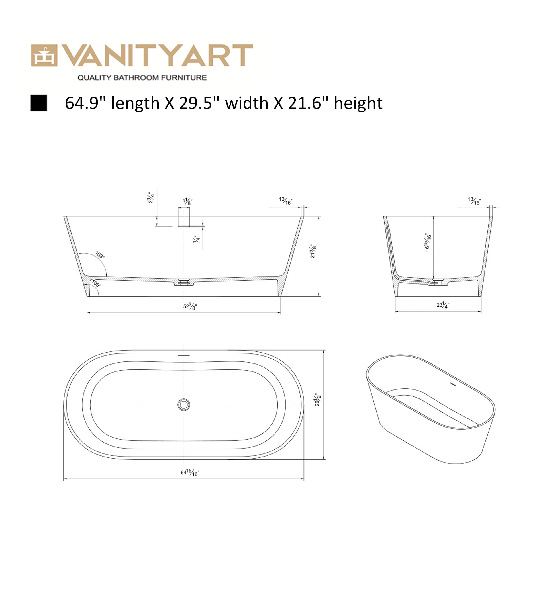 65'' White Solid Surface Freestanding Soaking Bathtub