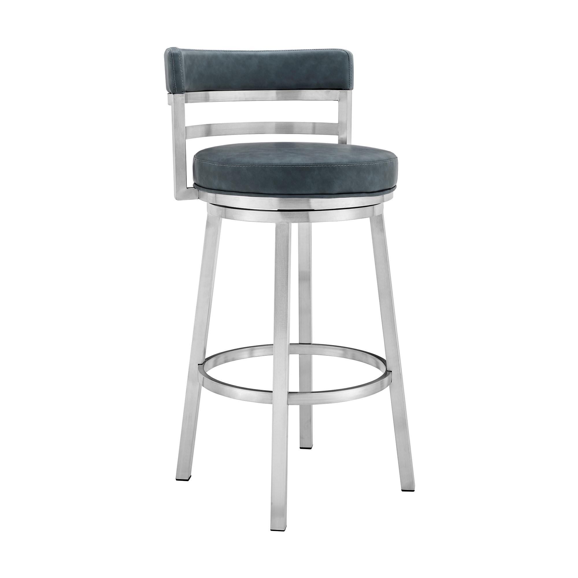 Armen Living LCMABABSBLU30 Madrid Blue 30.0-in H Bar height Round seat Upholstered Swivel Metal Bar Stool and Back