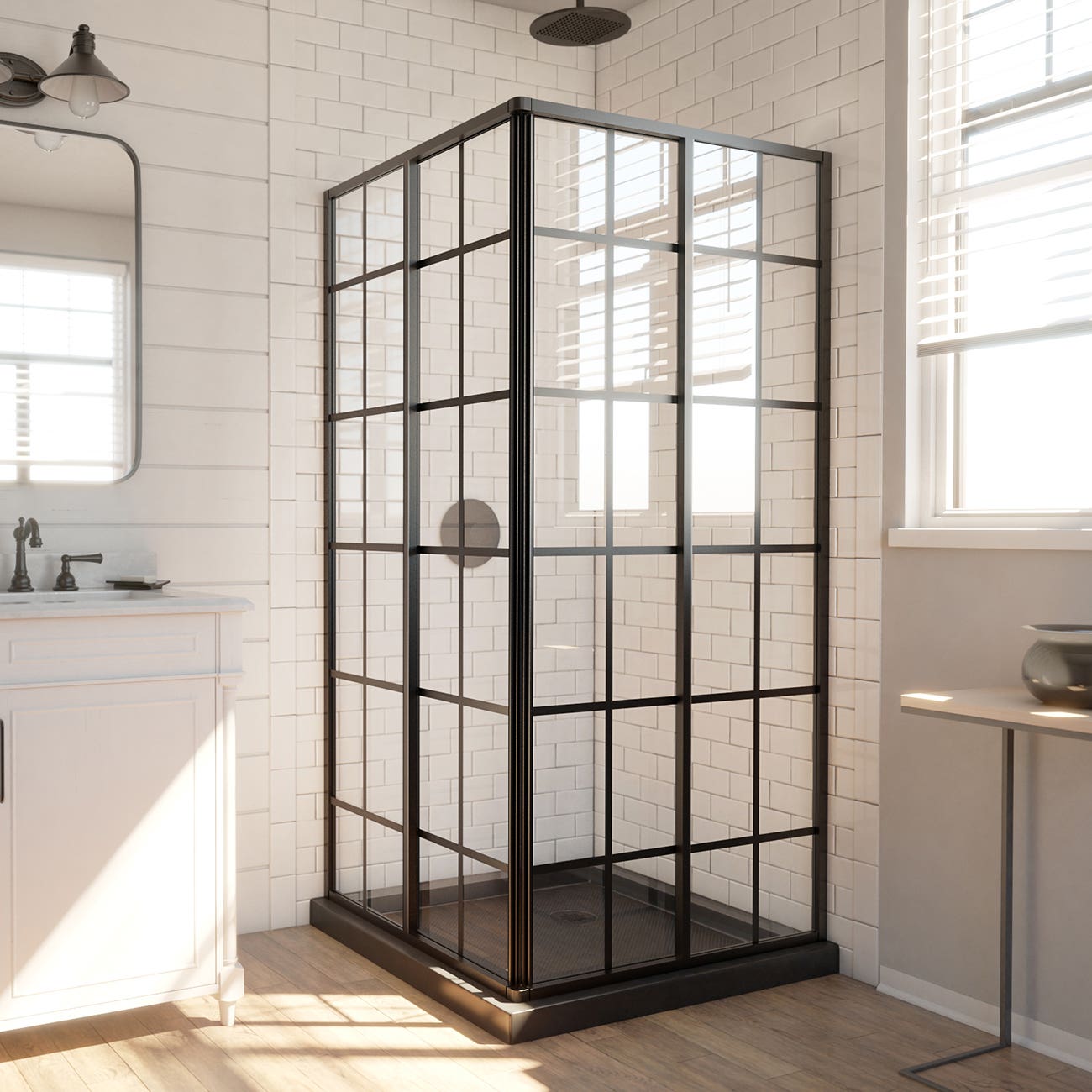 DreamLine French Corner 2 -Piece 42-in W x 42-in L x 75-in H Square Corner shower kit ( Corner Drain) Base and Door Included Black Hardware Included