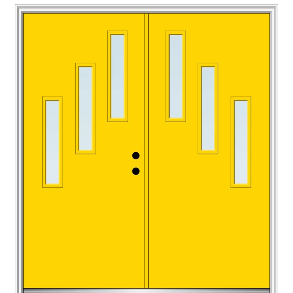 MMI DOOR ZZ349439L Spotlights 60-in x 80-in x 6-9/16-in Fiberglass Pulse lite Left-hand inswing Yellow Flash Painted Prehung Double Front Door with Brickmould Insulating core