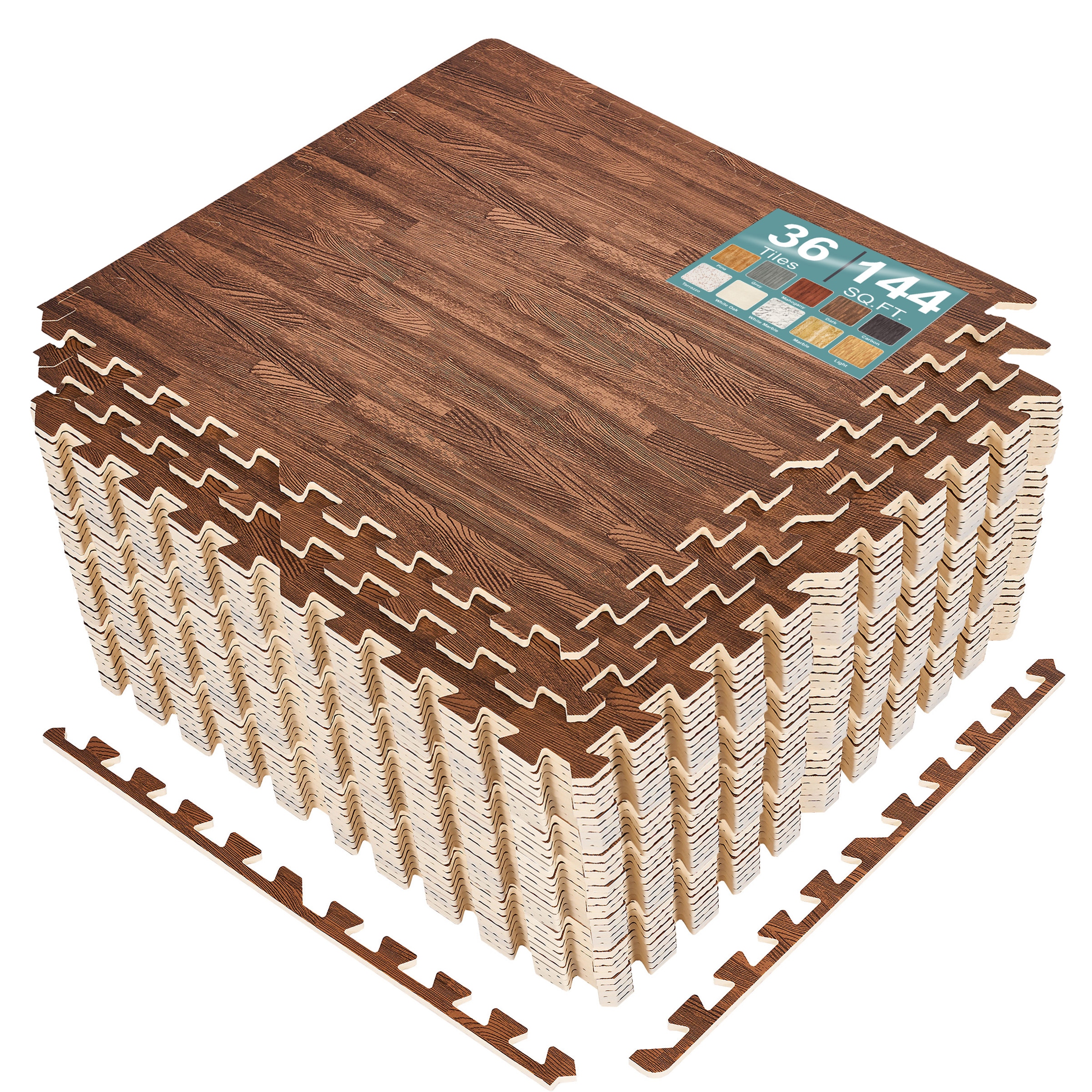 SORBUS 144 Sq Ft Interlocking EVA Foam Wood Grain Floor Tiles with Borders #MAT-WOODARK36