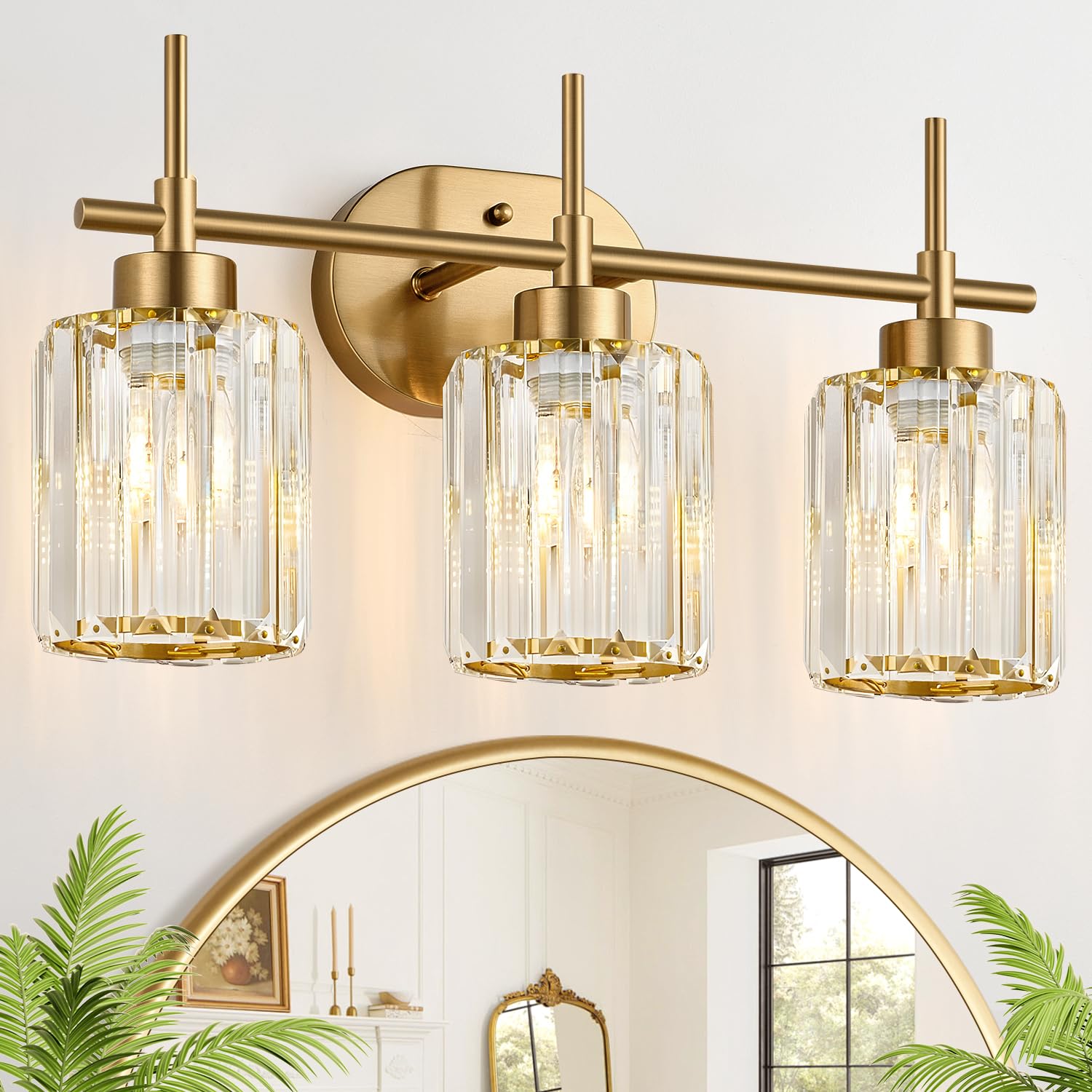Vrbgify  3 Light Modern Crystal Bathroom Vanity Light Brushed Gold Finish with Clear K9 Crystal Shades E26 Base Fixture for Over Mirror Hardwired 1 Piece