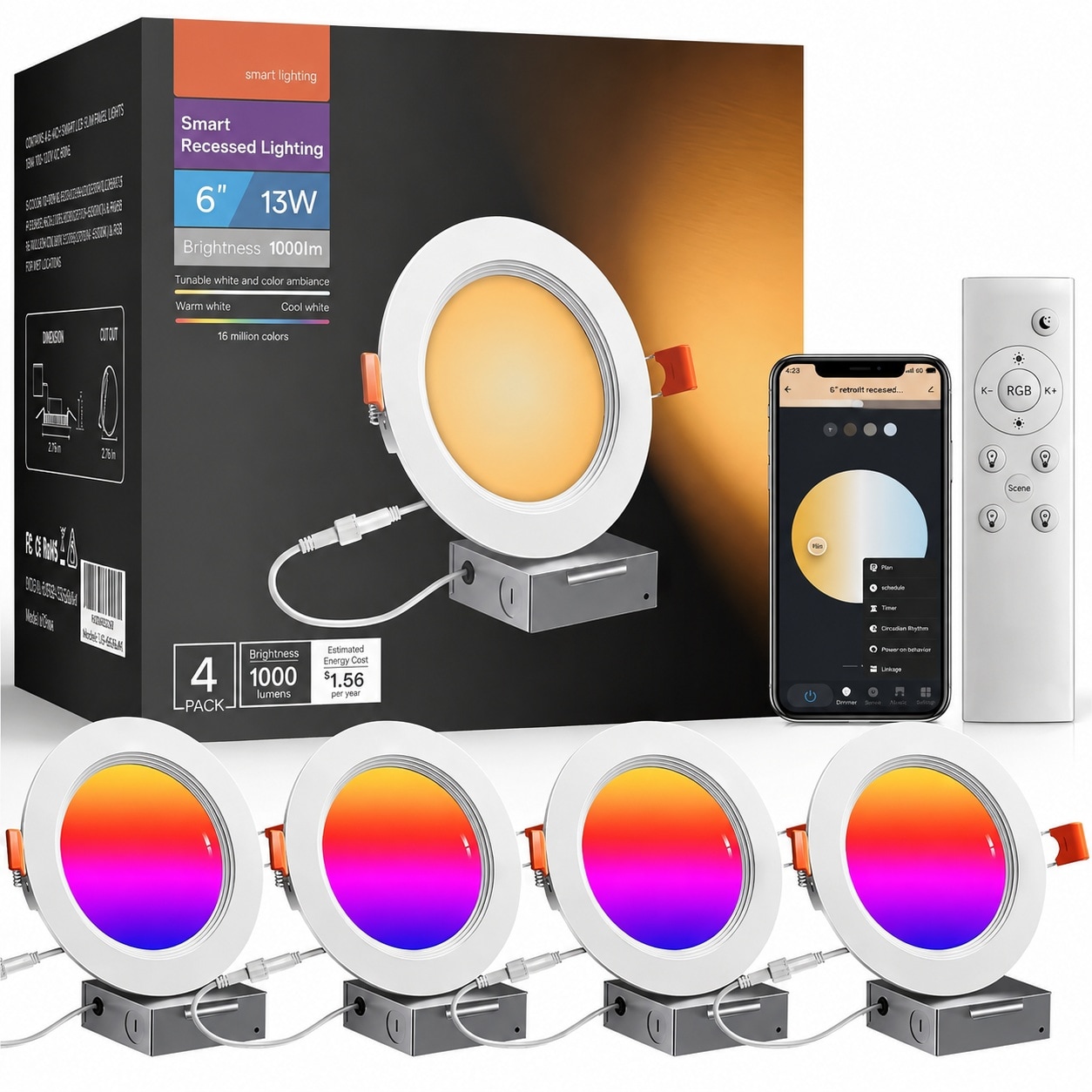 Anqtovp  Smart WiFi LED Recessed Lighting 6 Inch RGBWW Canless Ceiling Lights with Remote Anti-Glare Metal Trim J Box Compatible with Alexa