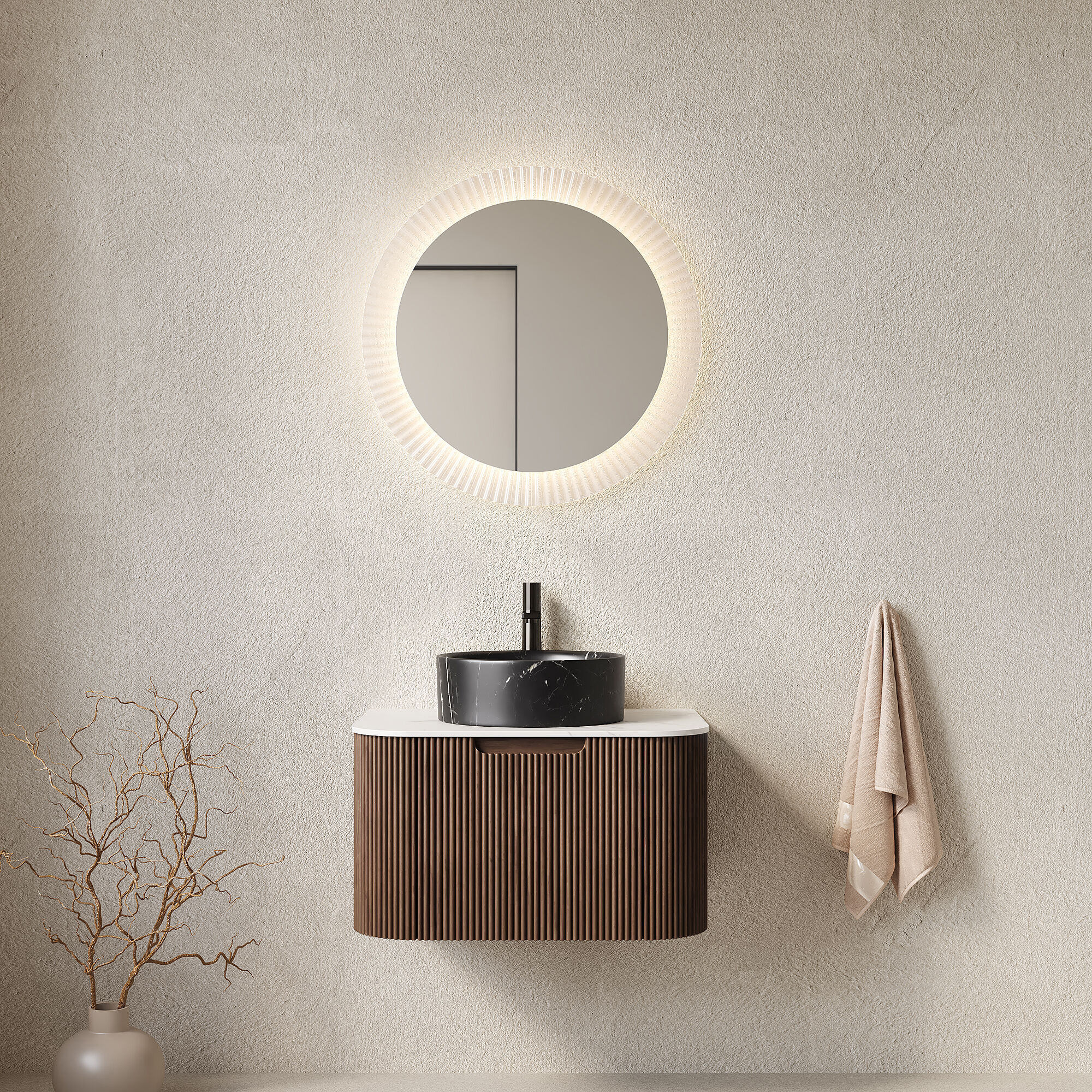 Vynxaria -  24-in Black and Carrara White and Walnut Fluted Single Sink Wall-Mounted Bathroom Van...